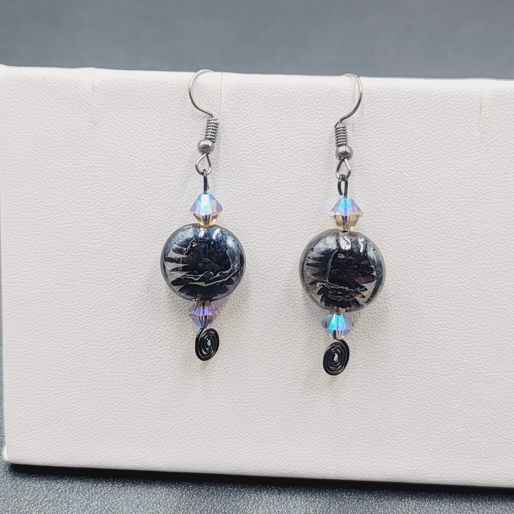 Pierced Earrings Black Art Glass Bead Crystal Black Wire Dangle 1.5"