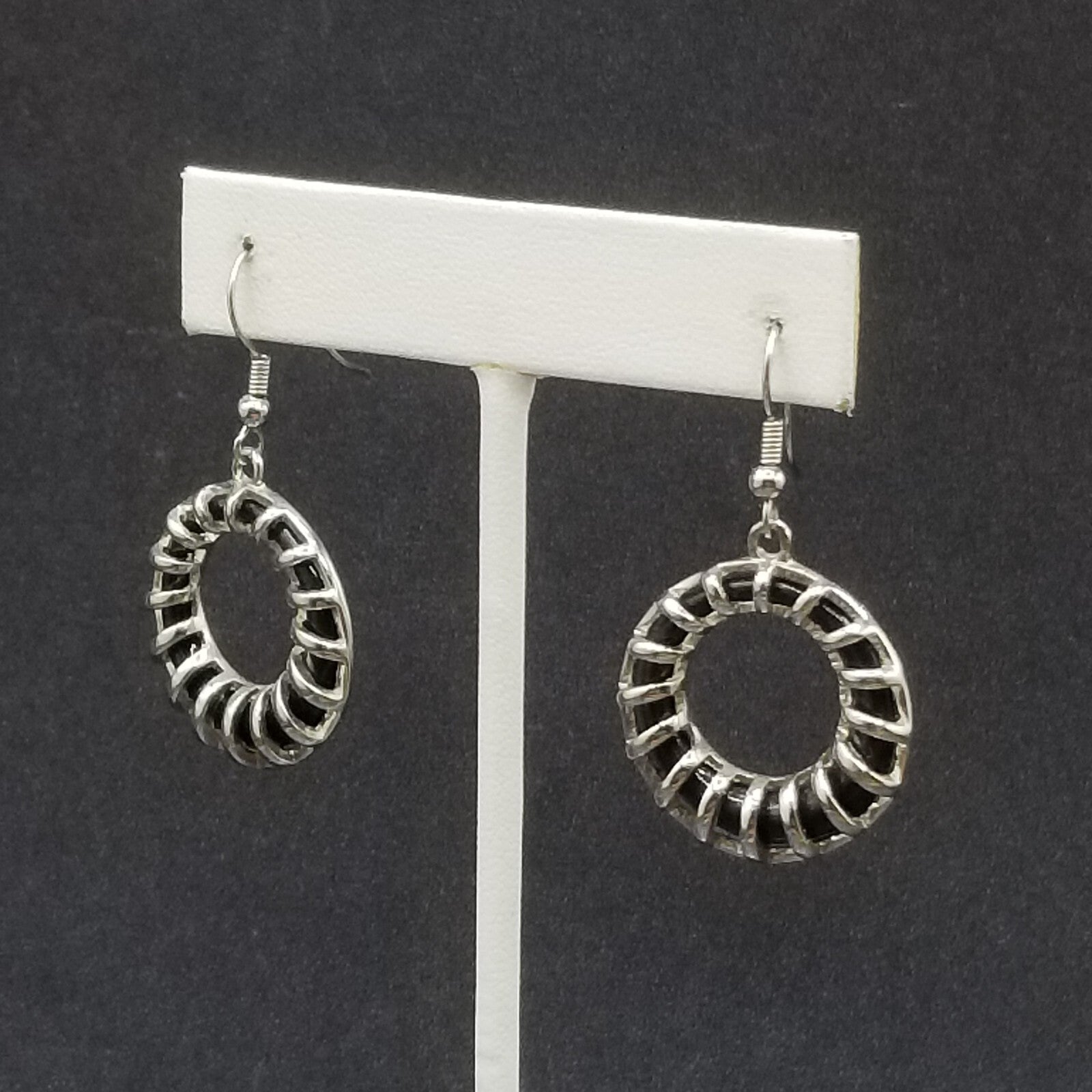 Pierced Earrings Silver tone Black Acrylic Geometric Ring Statement Dangle 1"