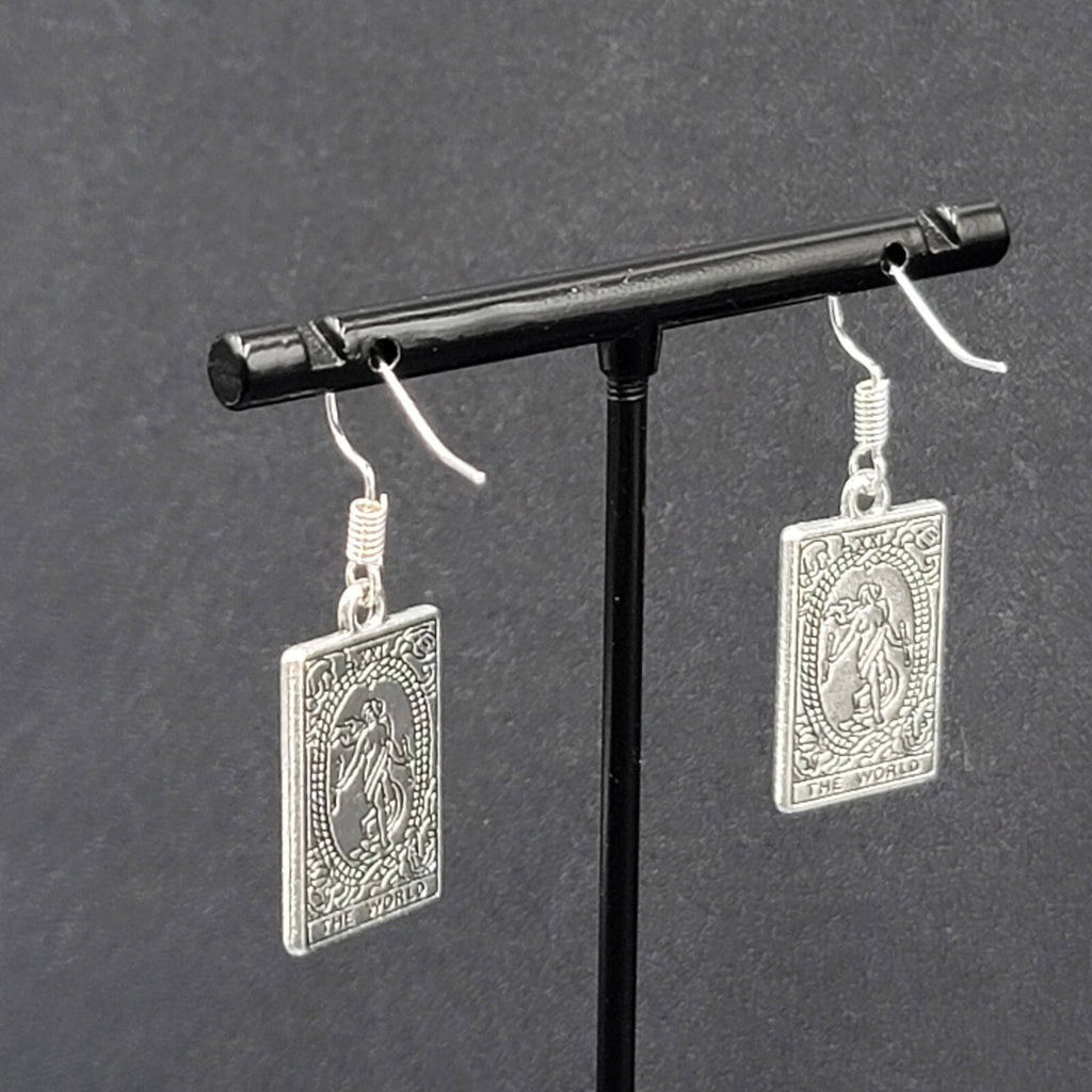 The WORLD Tarot Card Pierced Earrings Silver tone 1"