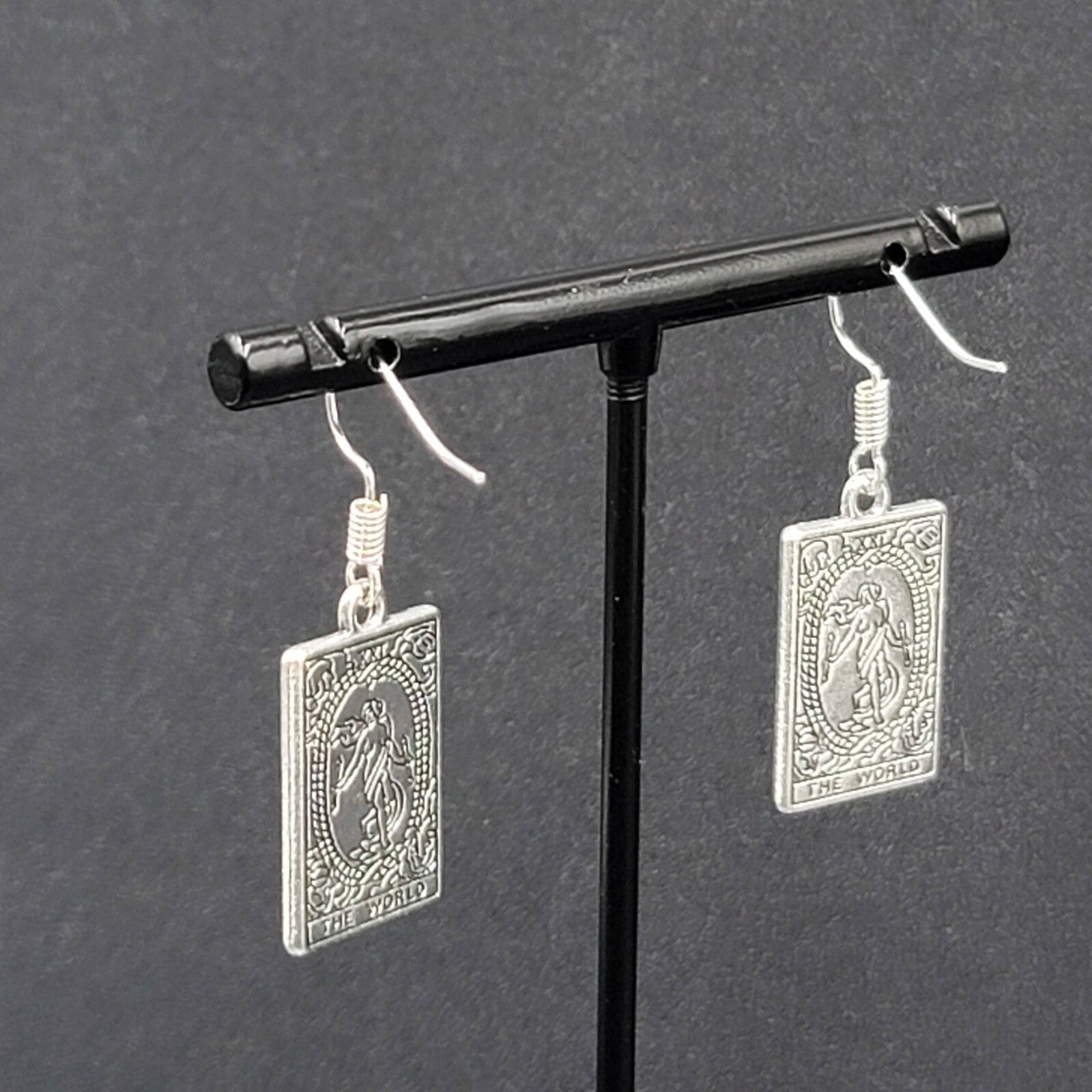 The WORLD Tarot Card Pierced Earrings Silver tone 1"