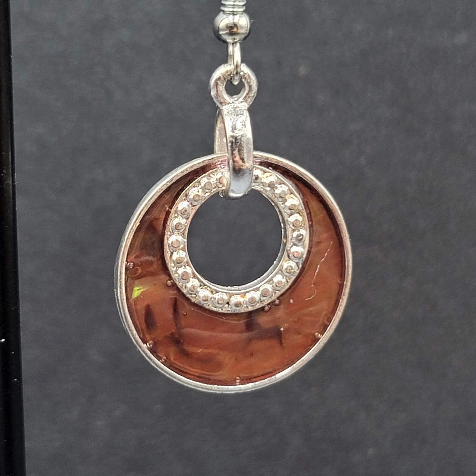 Pierced Earrings Silver tone Faux Abalone Dangle Open Circle 1"