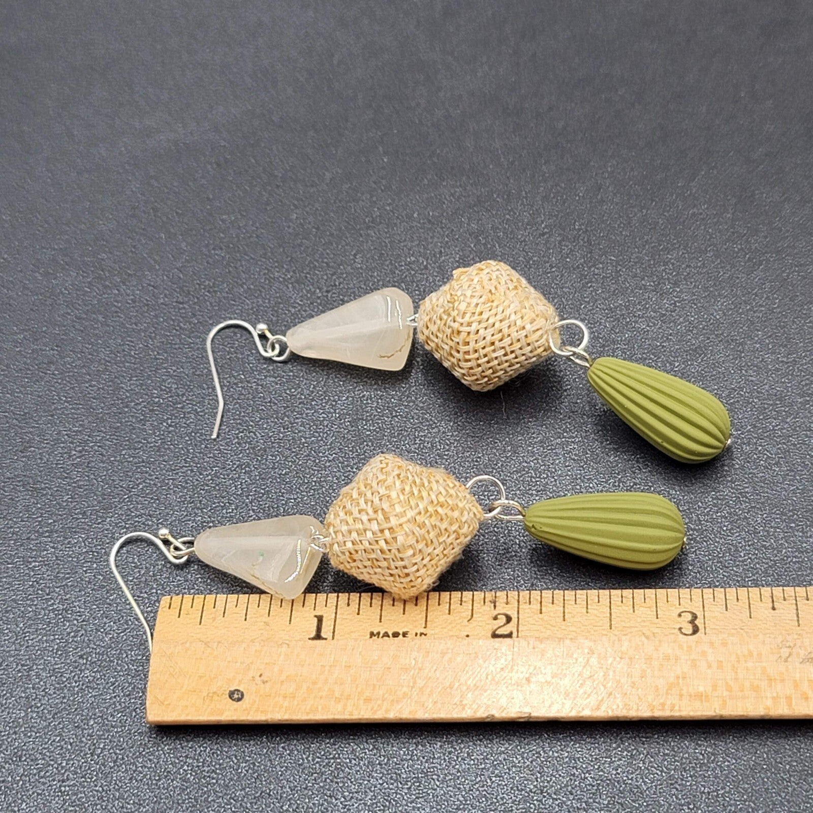 Boho Pierced Earrings Silver tone Acrylic Bead Canvas Dangle 3"