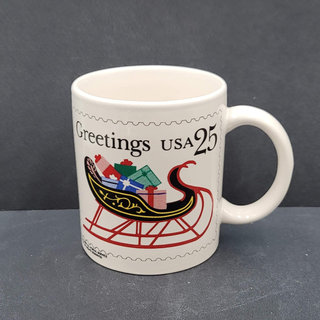 US Postal Service USPS Postage Stamp Coffee Mug Christmas Sleigh Greetings 1989