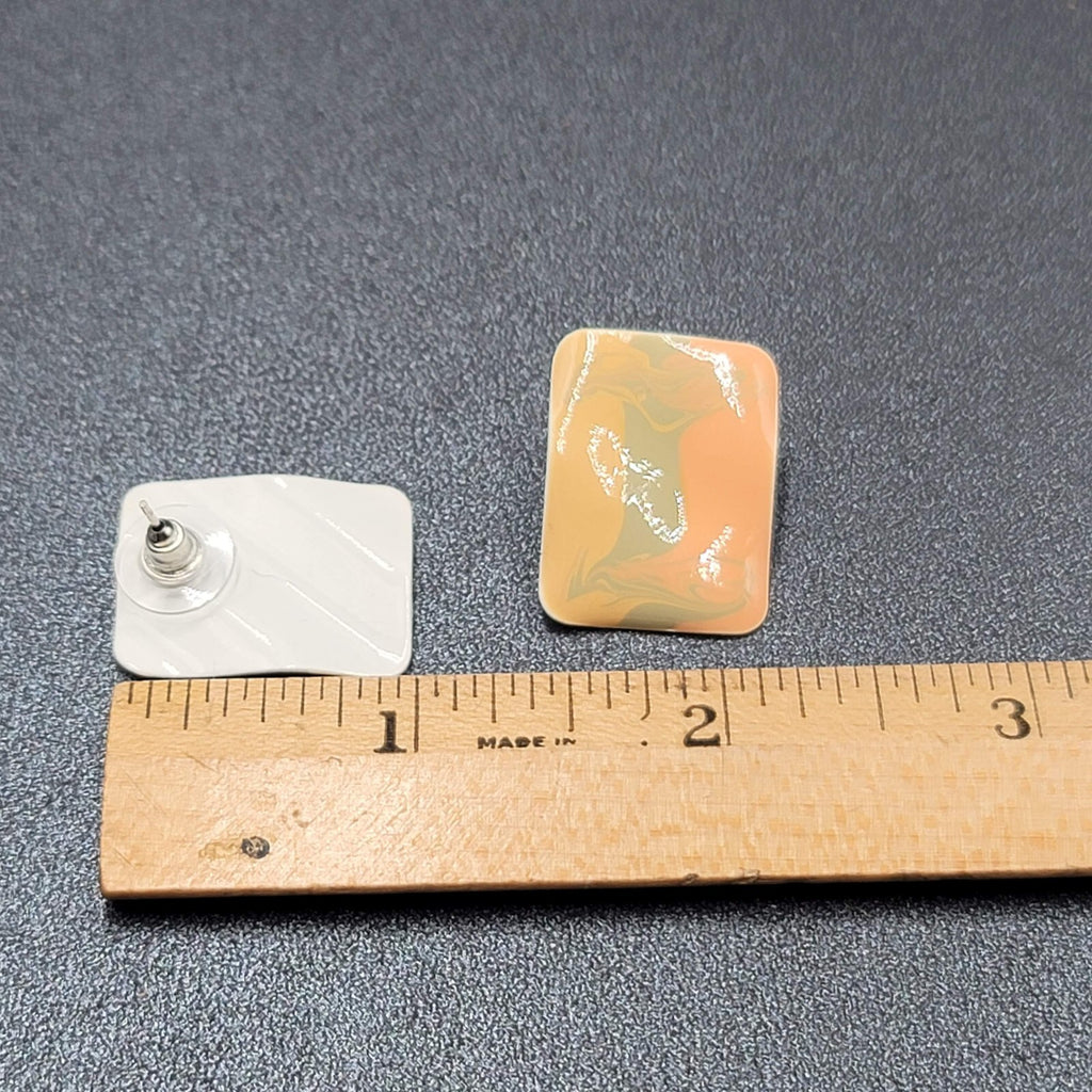 Vintage Pierced Earrings Peach Sage Enamel Rectangle Drop 1"