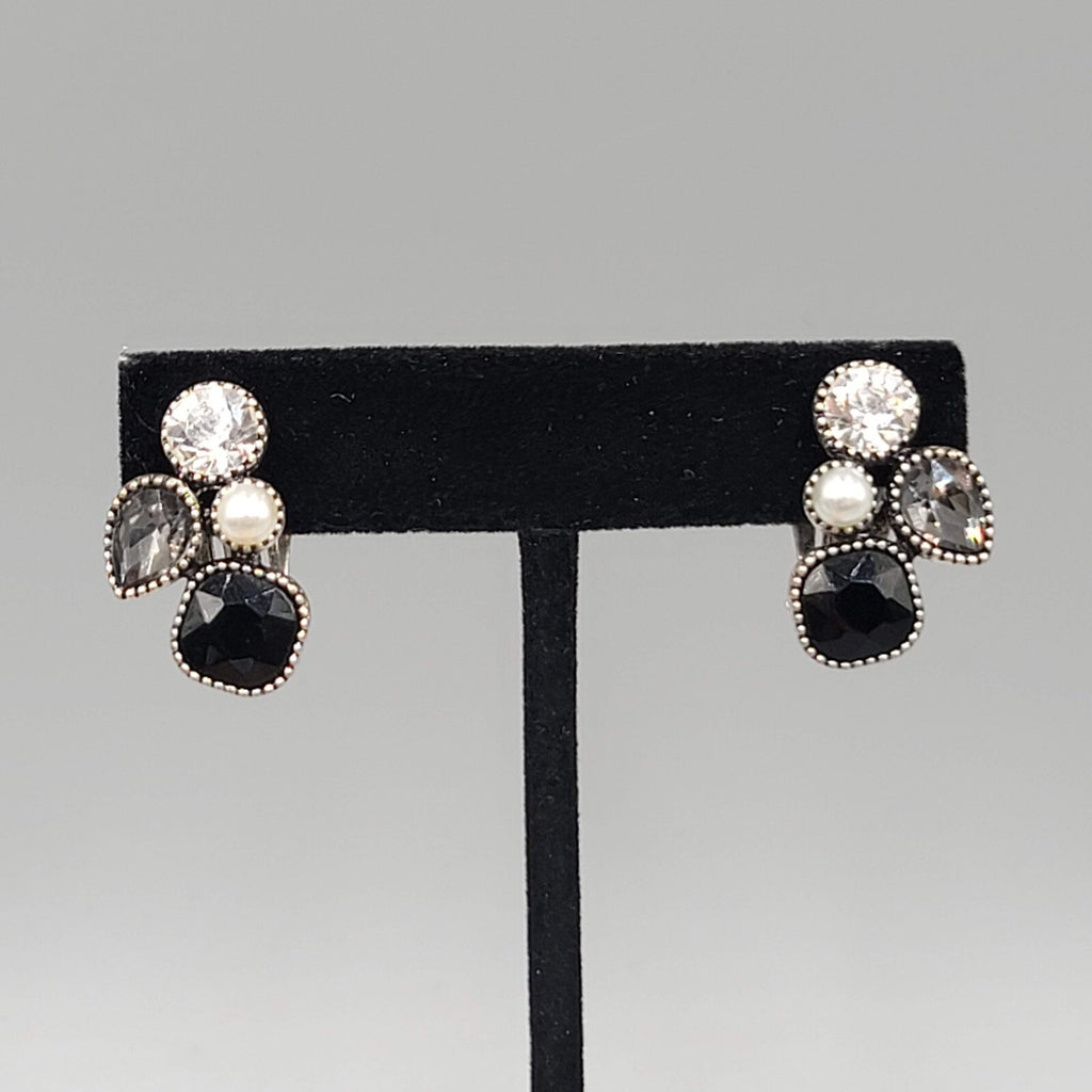 Modern  Clip on Earrings Gray Clear Crystal Dark Silver tone Drop 7/8"