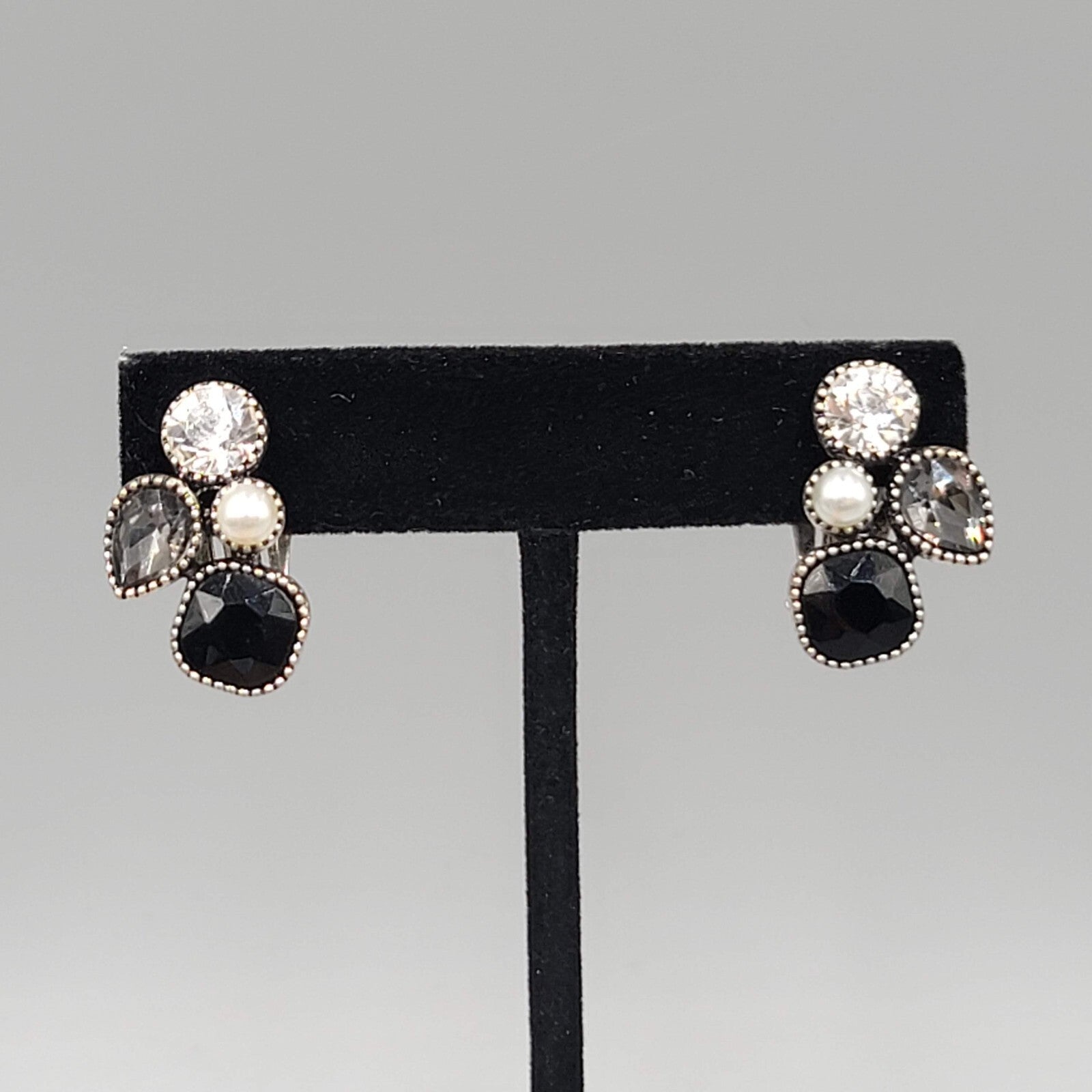 Modern  Clip on Earrings Gray Clear Crystal Dark Silver tone Drop 7/8"