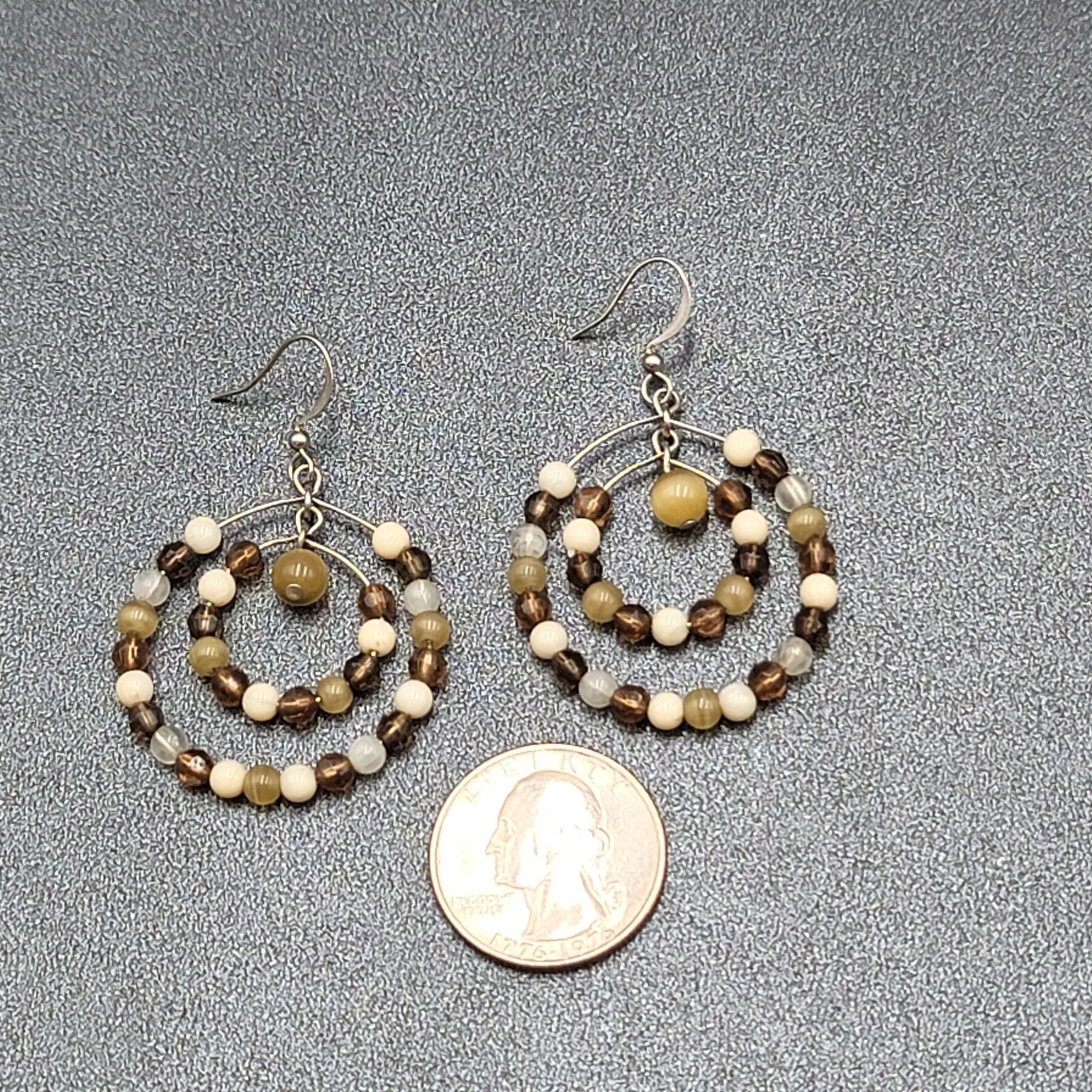 Pierced Earrings Silver tone Brown Beaded Double Hoops 1.5"