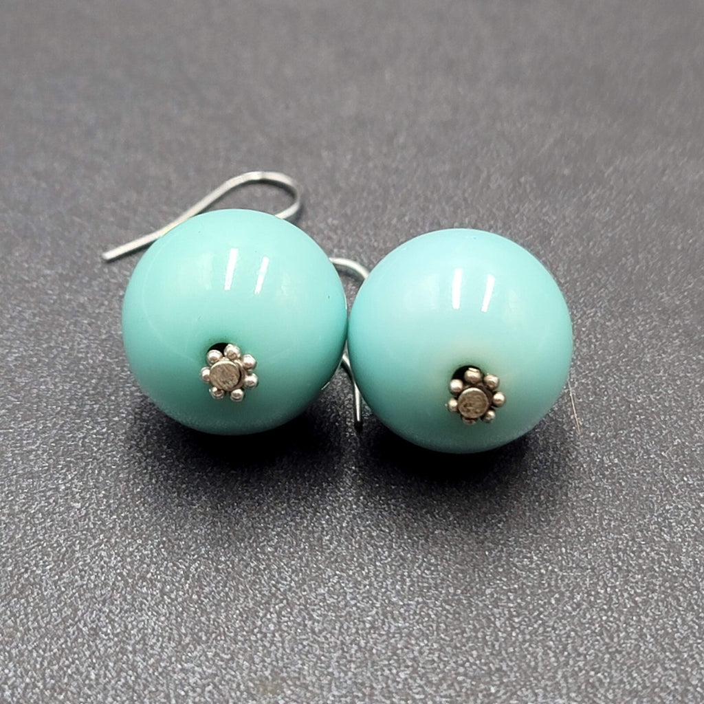 Pierced Earrings Silver tone Baby Blue Round Bead Dangle 1"