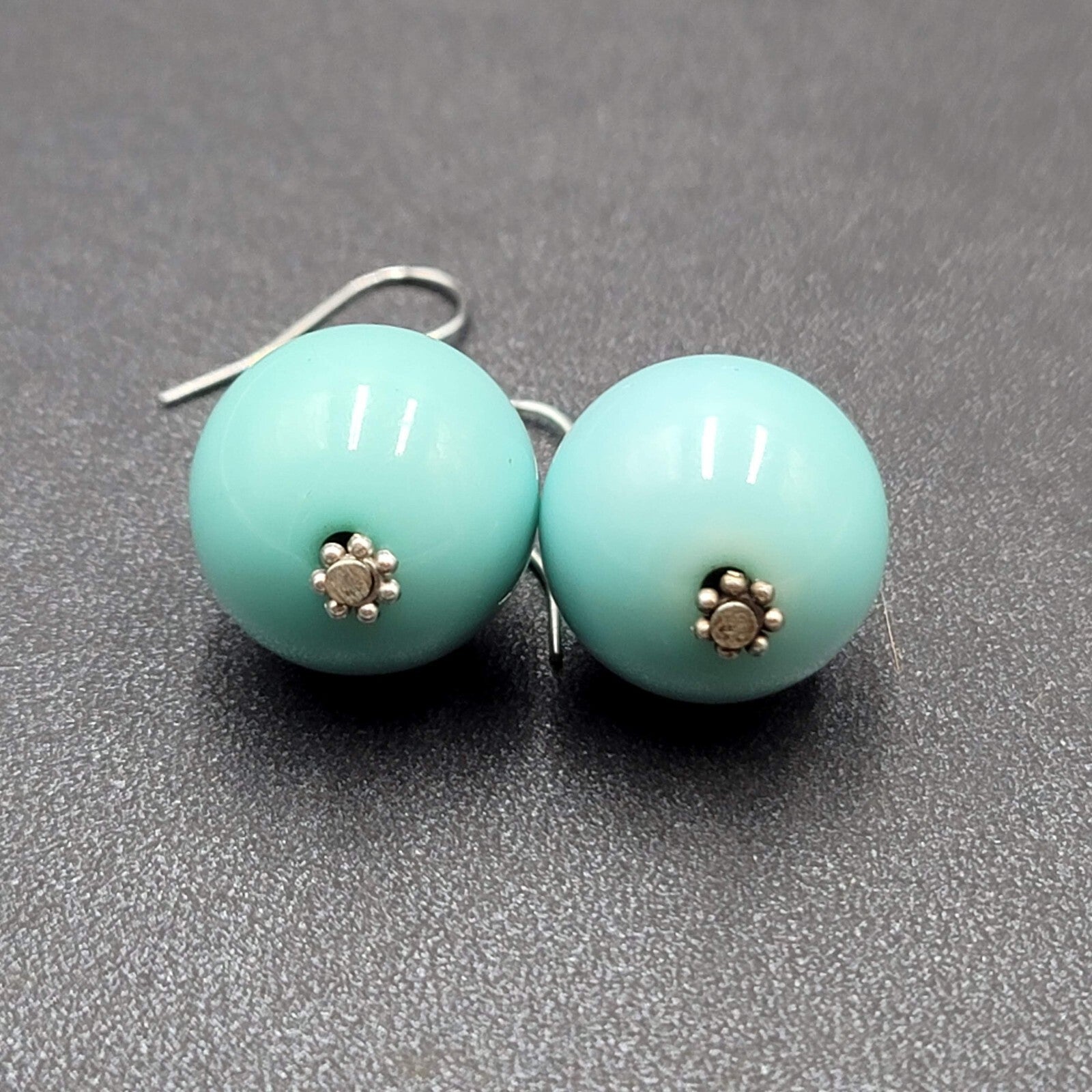 Pierced Earrings Silver tone Baby Blue Round Bead Dangle 1"