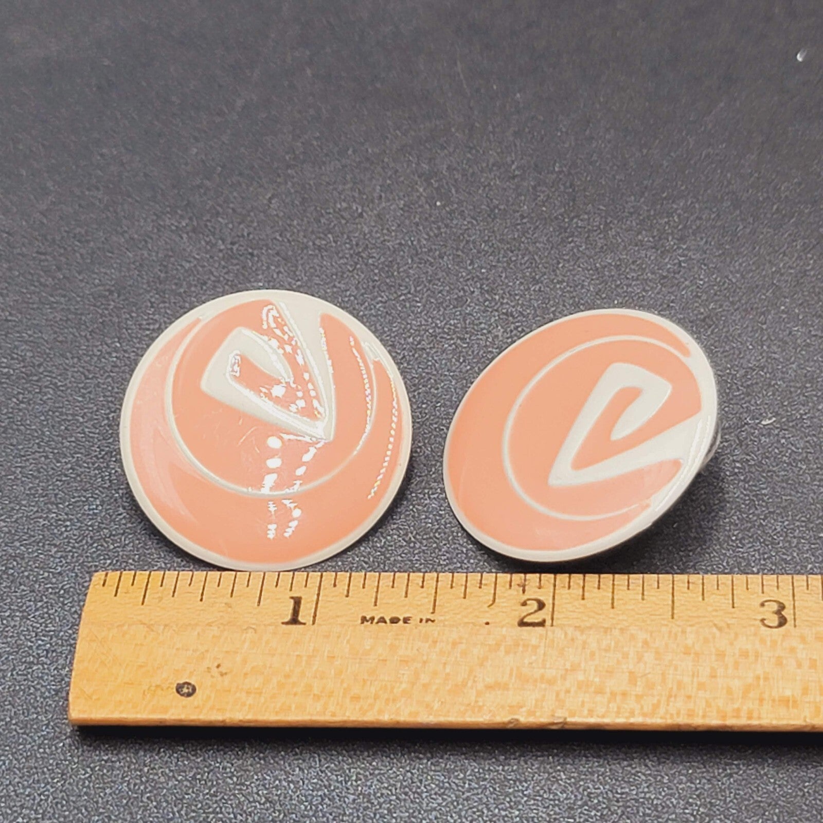 Vintage Pierced Earrings Peach White Enamel over Metal Round Drop 1.25"
