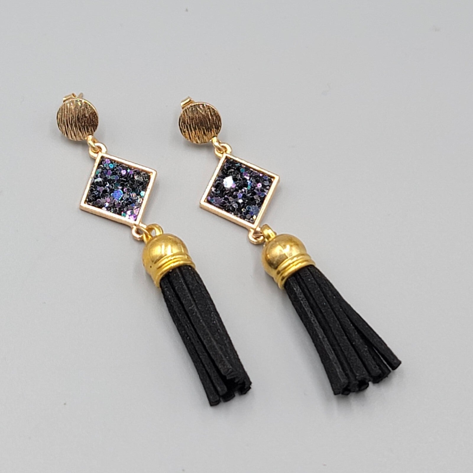 Black Tassel Pierced Earrings Gold tone Dangle 3"
