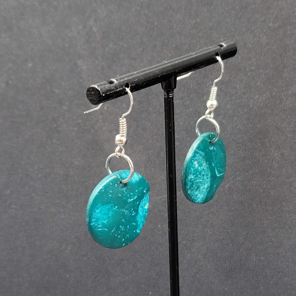 Pierced Earrings Teal Blue Coir Coconut Shell Round Dangle 3/4"