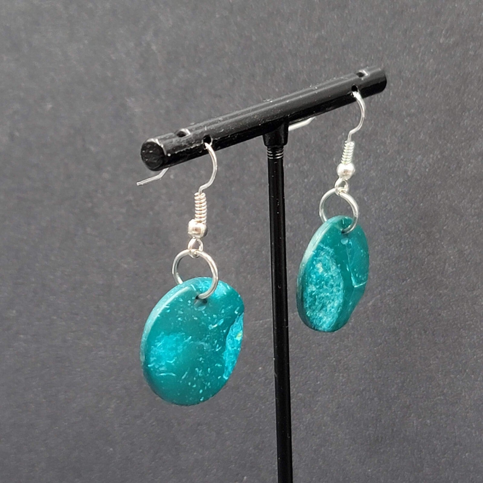 Pierced Earrings Teal Blue Coir Coconut Shell Round Dangle 3/4"