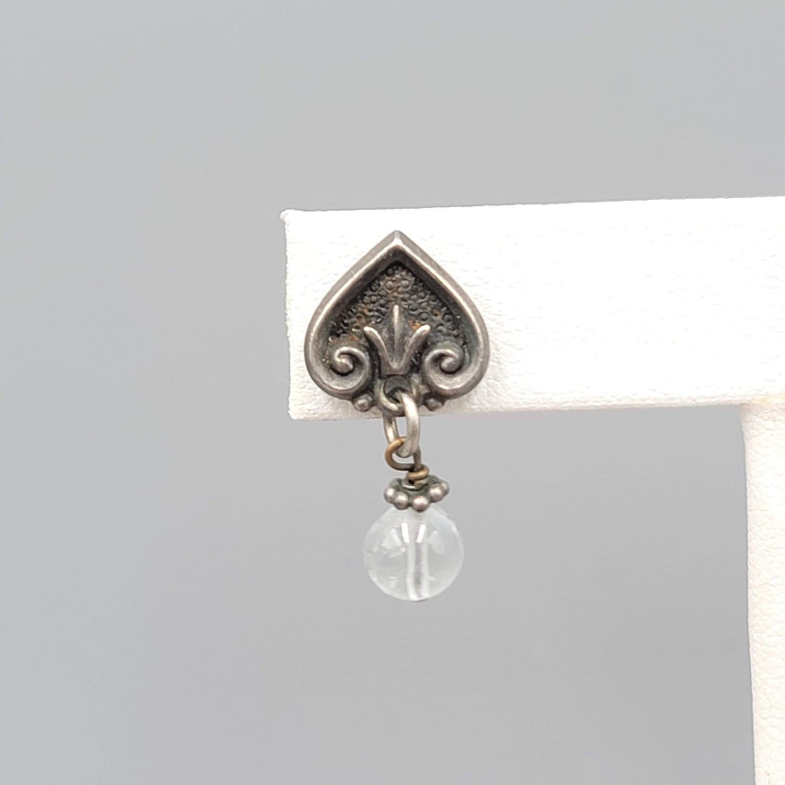 Vintage Pierced Earrings Dark Gray Clear Bead Dangle 1"