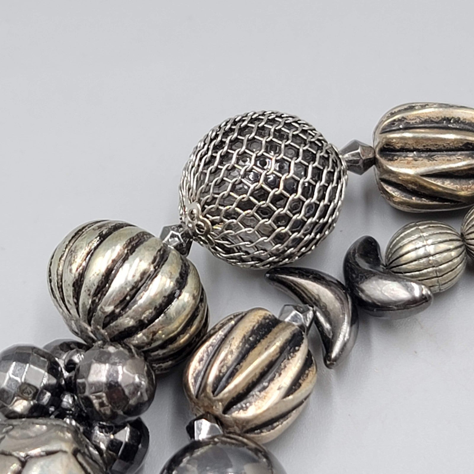 Large Statement Bead Necklace Silver toen Gray Black 16"-20"