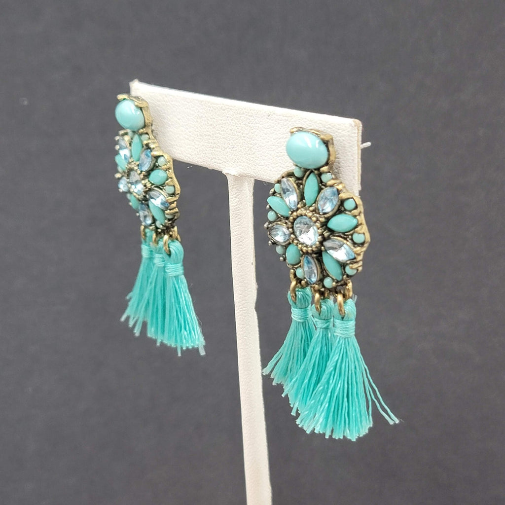 Pierced Earrings Gold tone Blue Rhinestone Tassel 2"