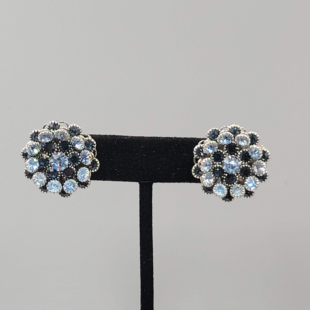 Vintage Blue Rhinestone Clip on Earrings Silver tone Screw Back Round 7/8"
