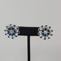 Vintage Blue Rhinestone Clip on Earrings Silver tone Screw Back Round 7/8"