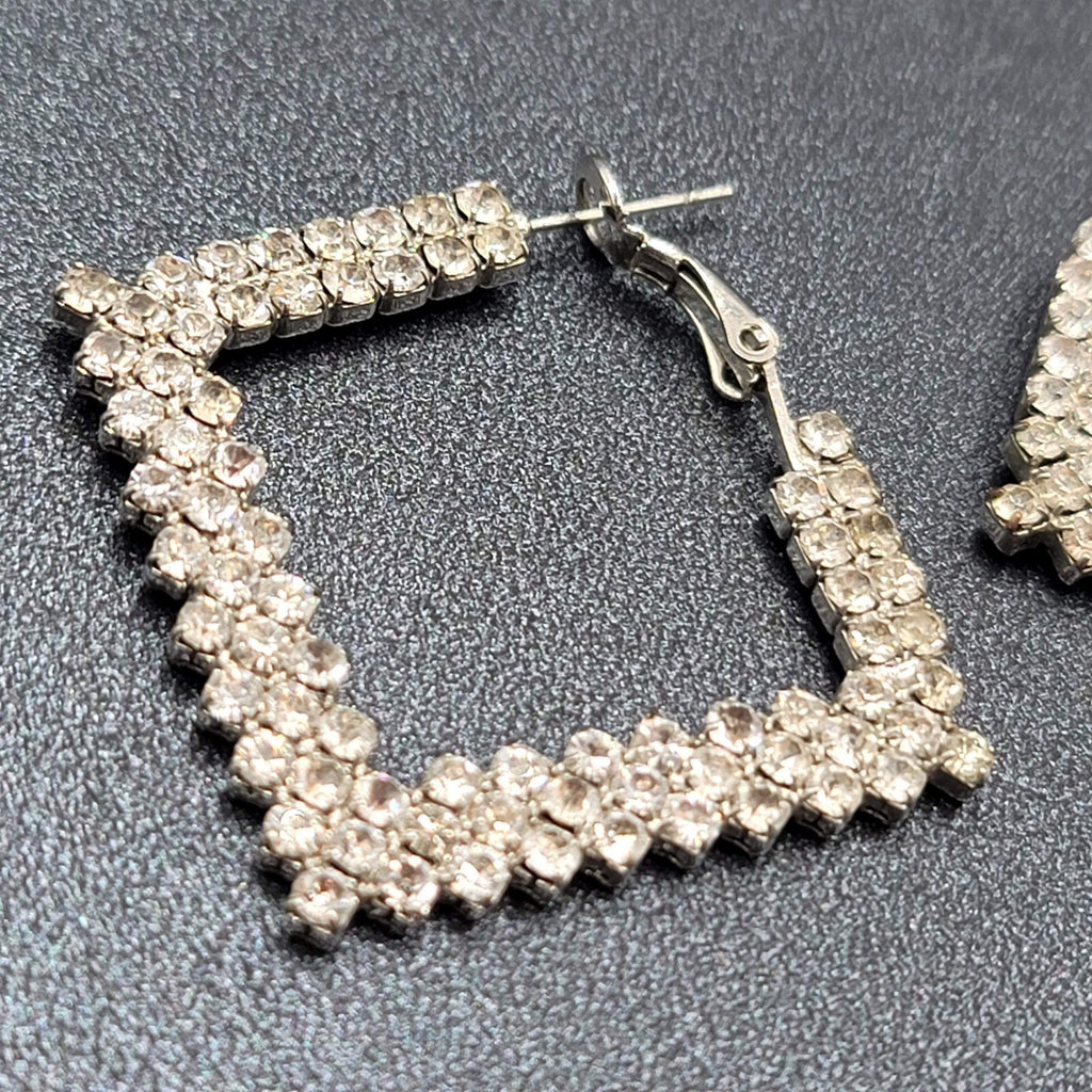 Pierced Earrings Rhinestone Square Hoops Silver tone 1.25"