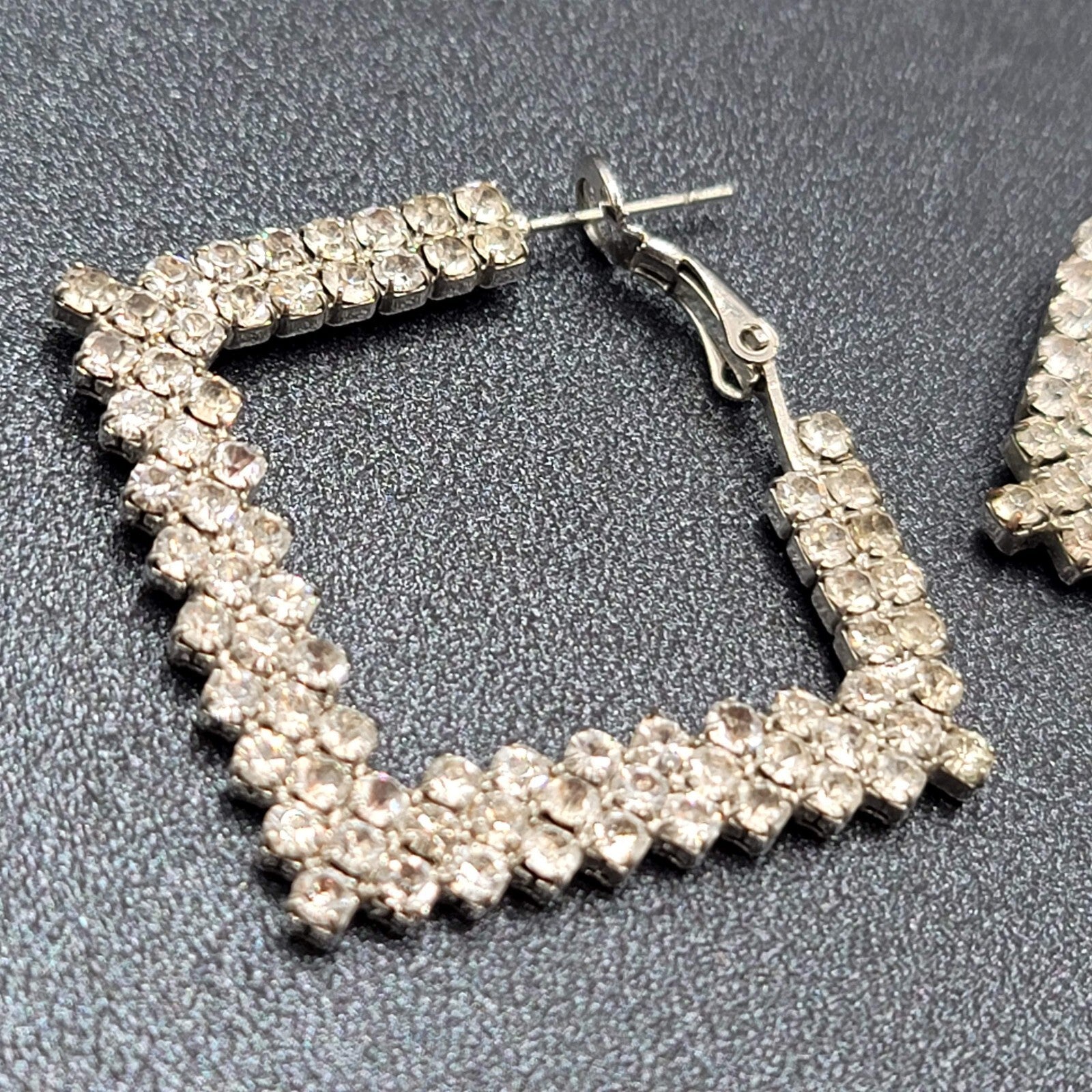 Pierced Earrings Rhinestone Square Hoops Silver tone 1.25"