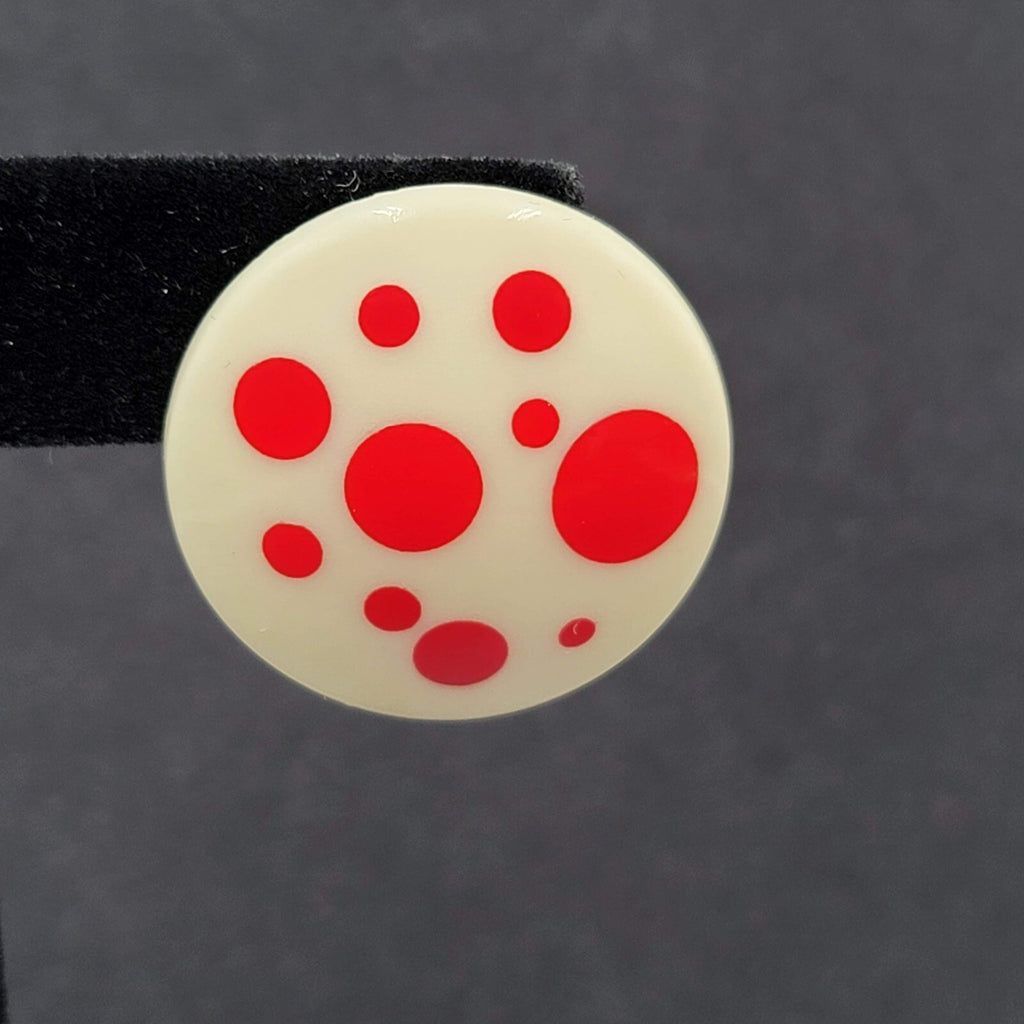 Vintage Pierced Earrings White Acrylic Round Red Polka Dots 1"