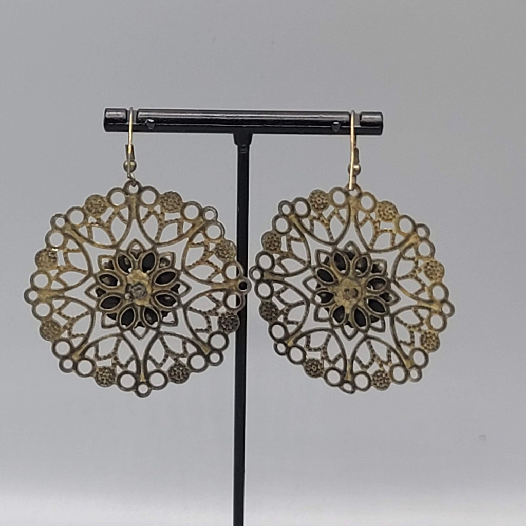 Pierced Earrings Bronze tone Large Metal Filigree Rhinestone Center Boho 1.75"