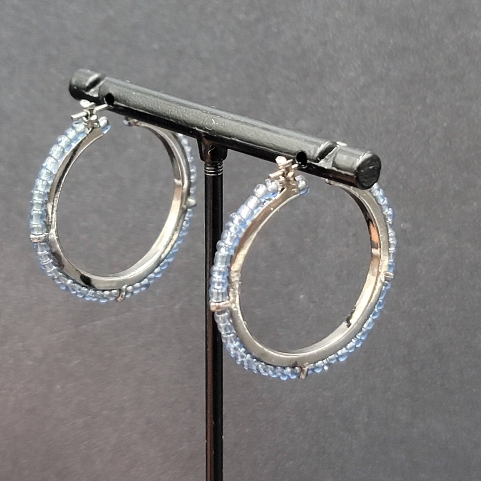 Pierced Earrings Black Metal Blue Seed Bead Hoops 1"