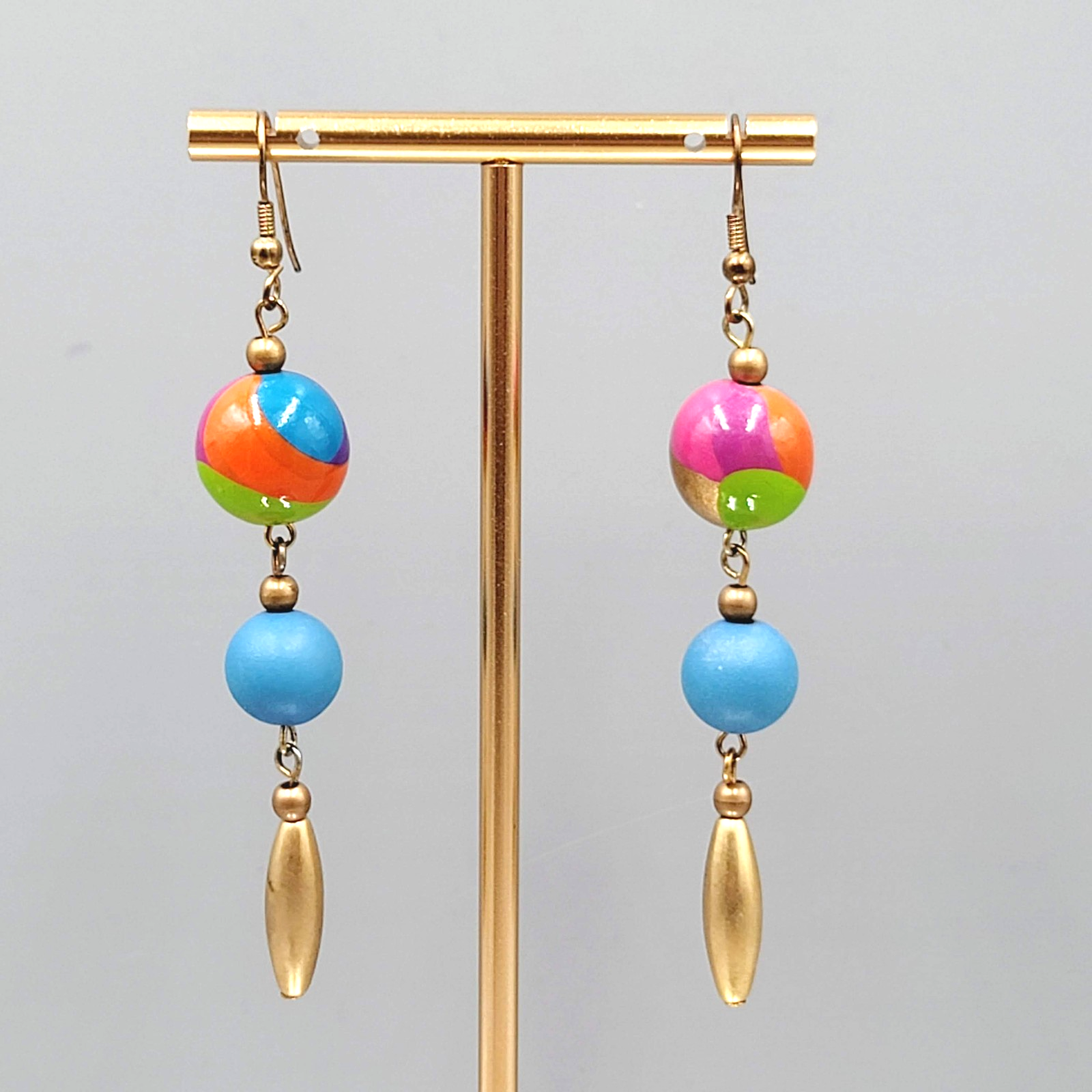 Long Pierced Earrings Hand Painted Bead Gold tone Dangle 2.75"