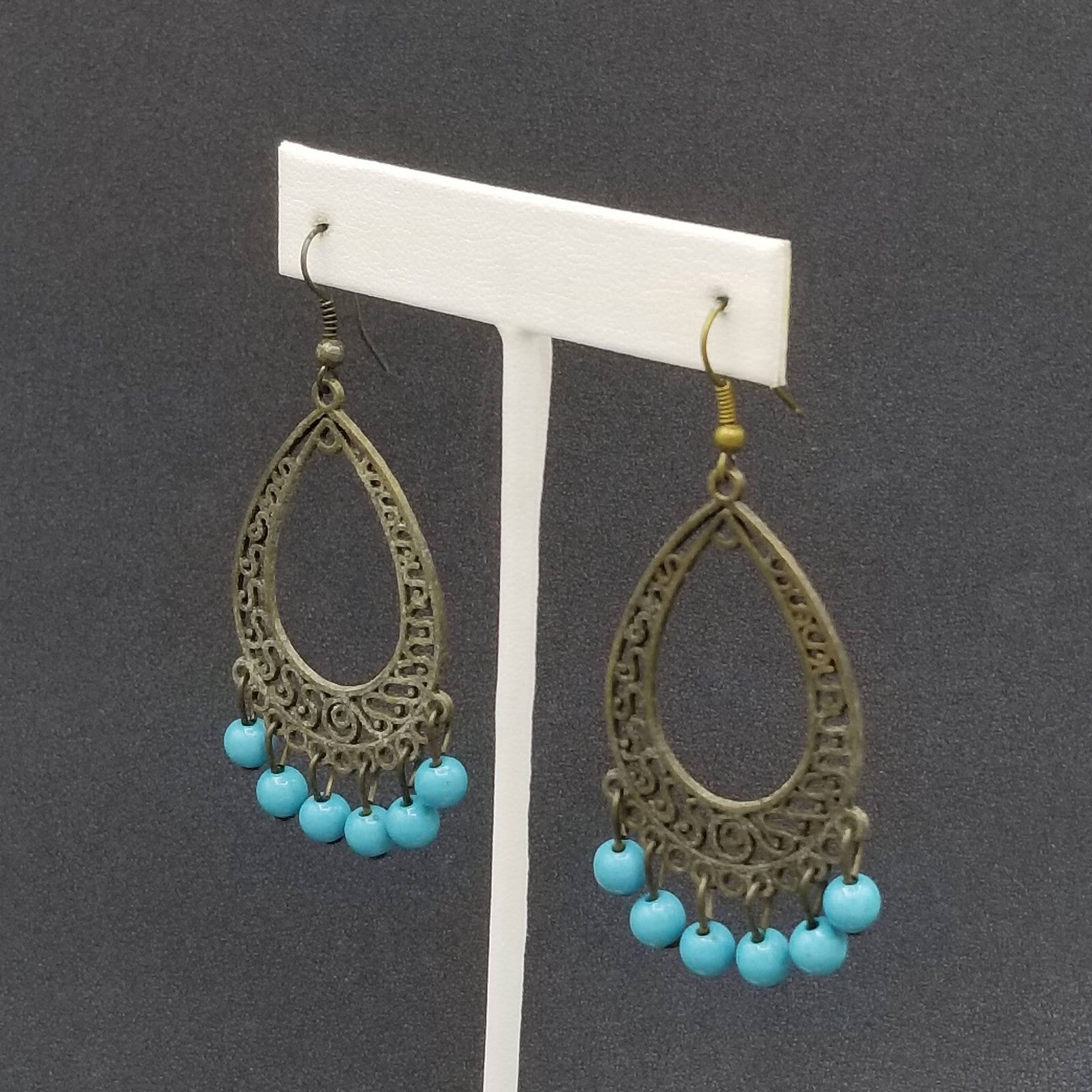 Pierced Earrings Bronze tone Chandelier Teardrop Blue Bead Dangle 2.25"
