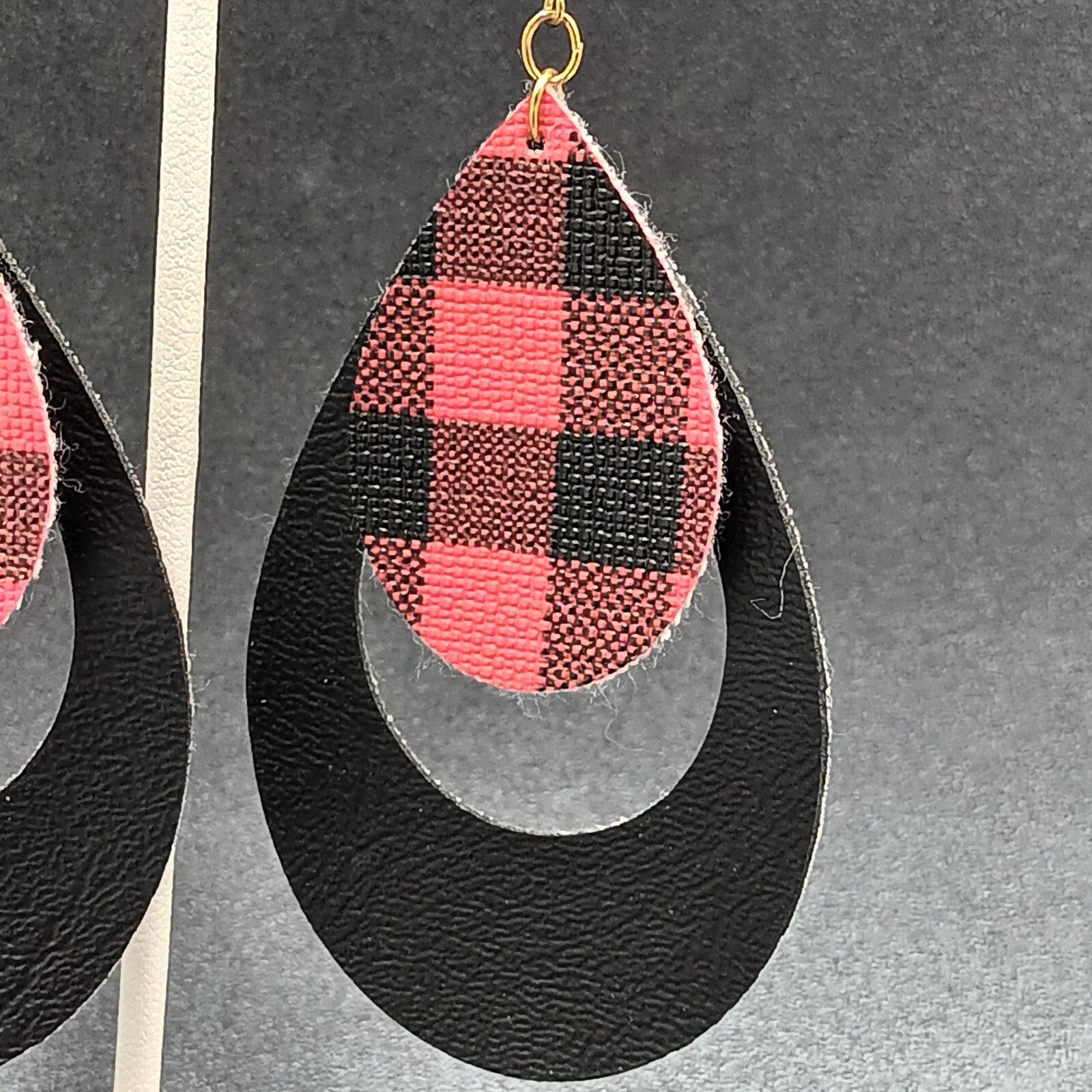 Pierced Earrings Red Black Plaid Faux Leather Teardrop Dangle 3 1/8"