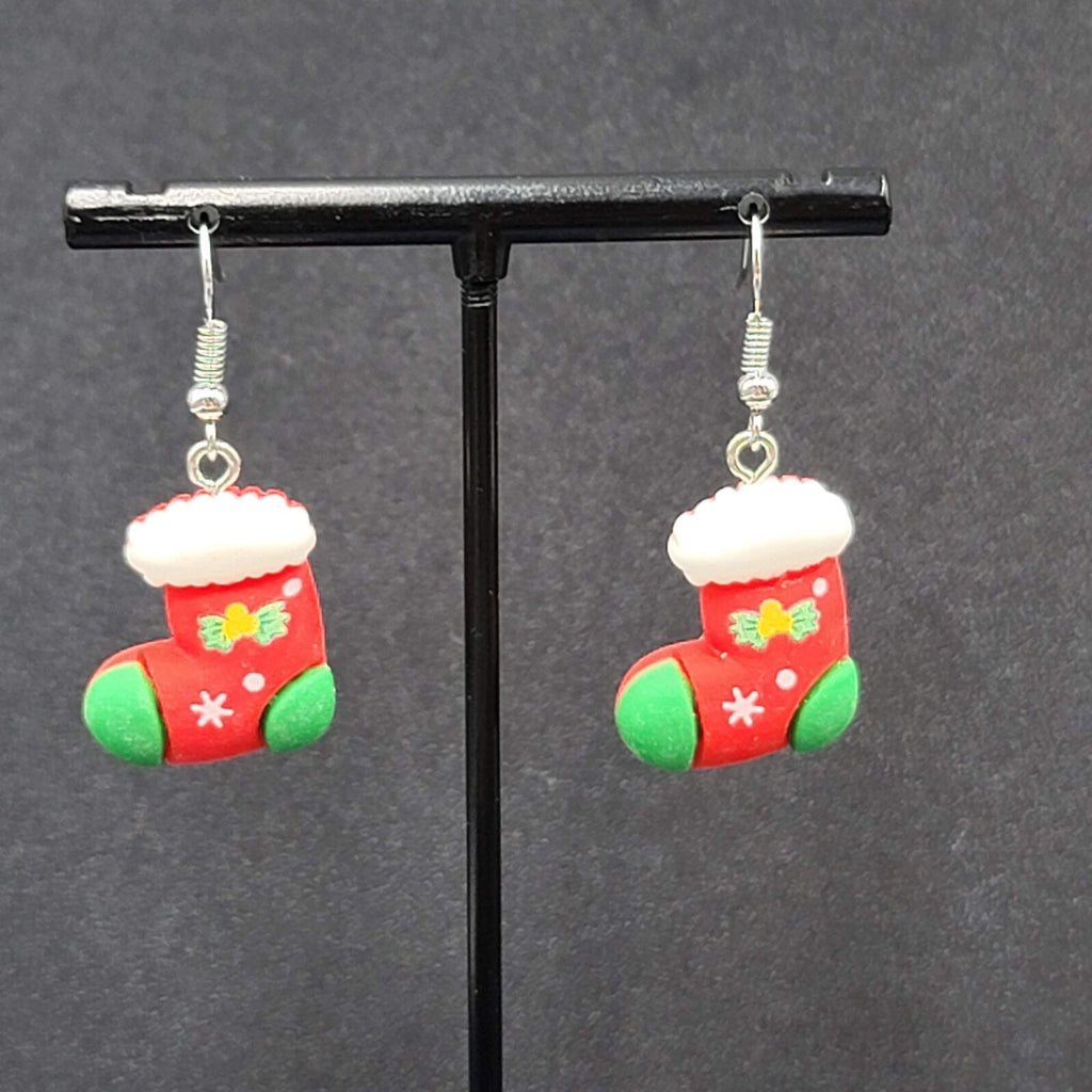 Christmas Stocking Pierced Earrings Puffy 3D Dangle 1 1/8"