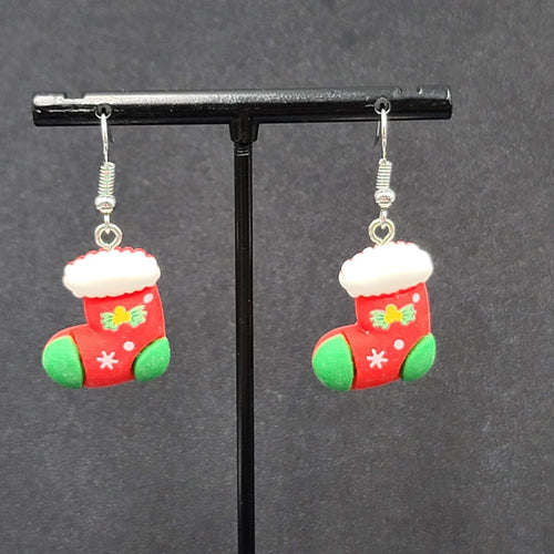 Christmas Stocking Pierced Earrings Puffy 3D Dangle 1 1/8"