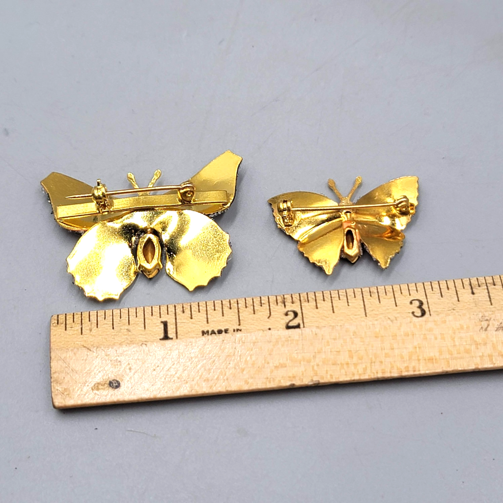 Vintage Butterfly Brooch Flocked Enamel Set of 2 