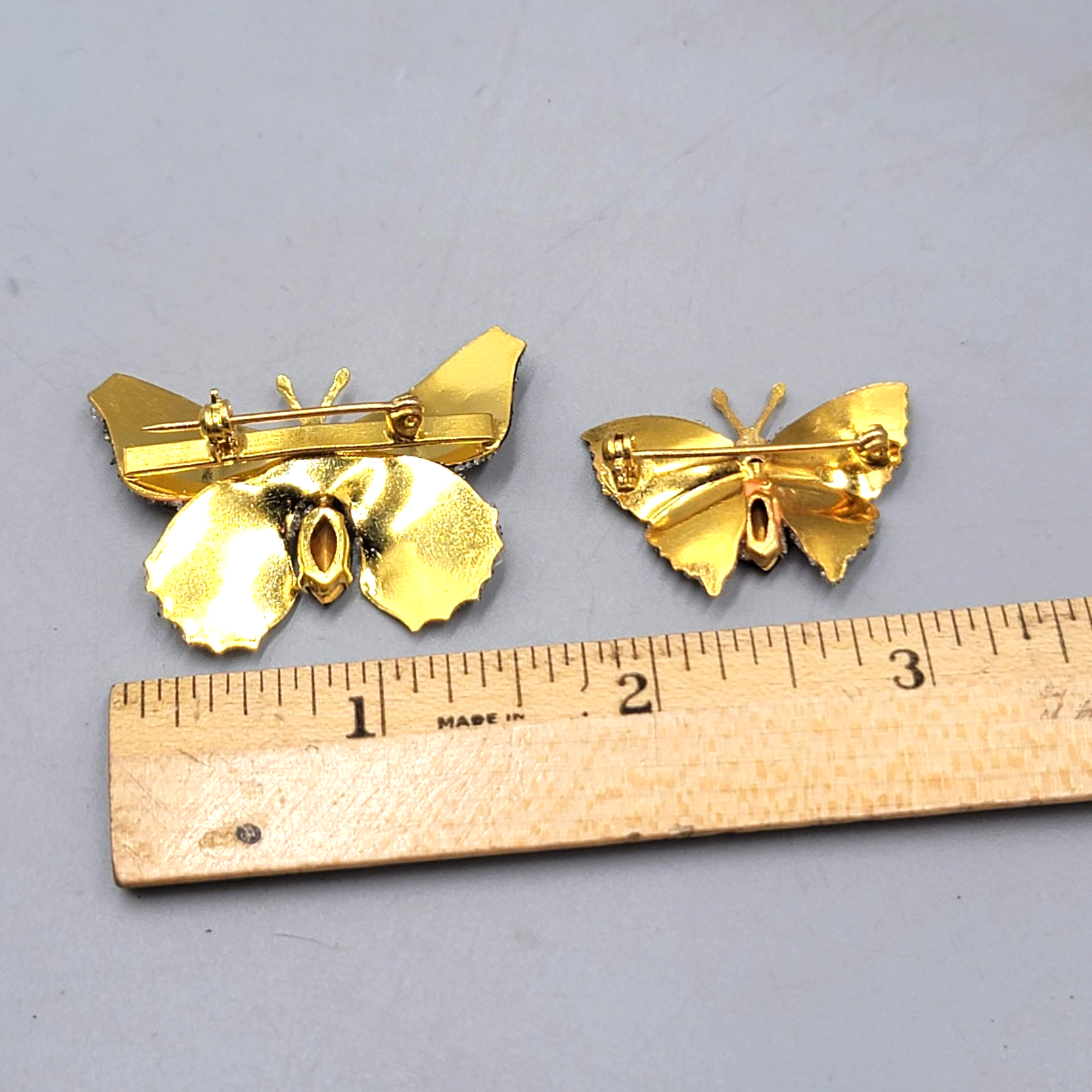 Vintage Butterfly Brooch Flocked Enamel Set of 2 