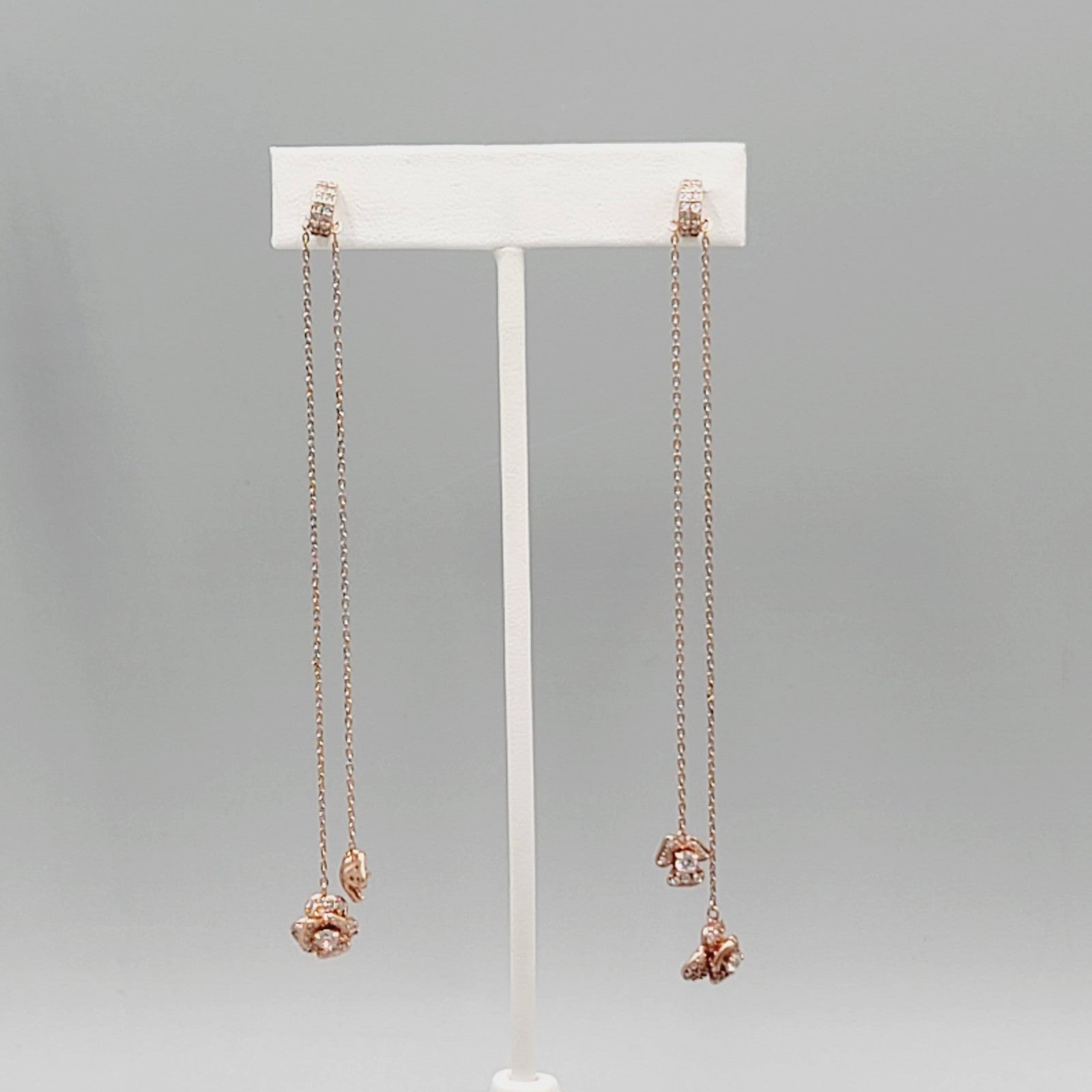 Crystal Pierced Earrings Rose Gold tone Pink LONG 4"