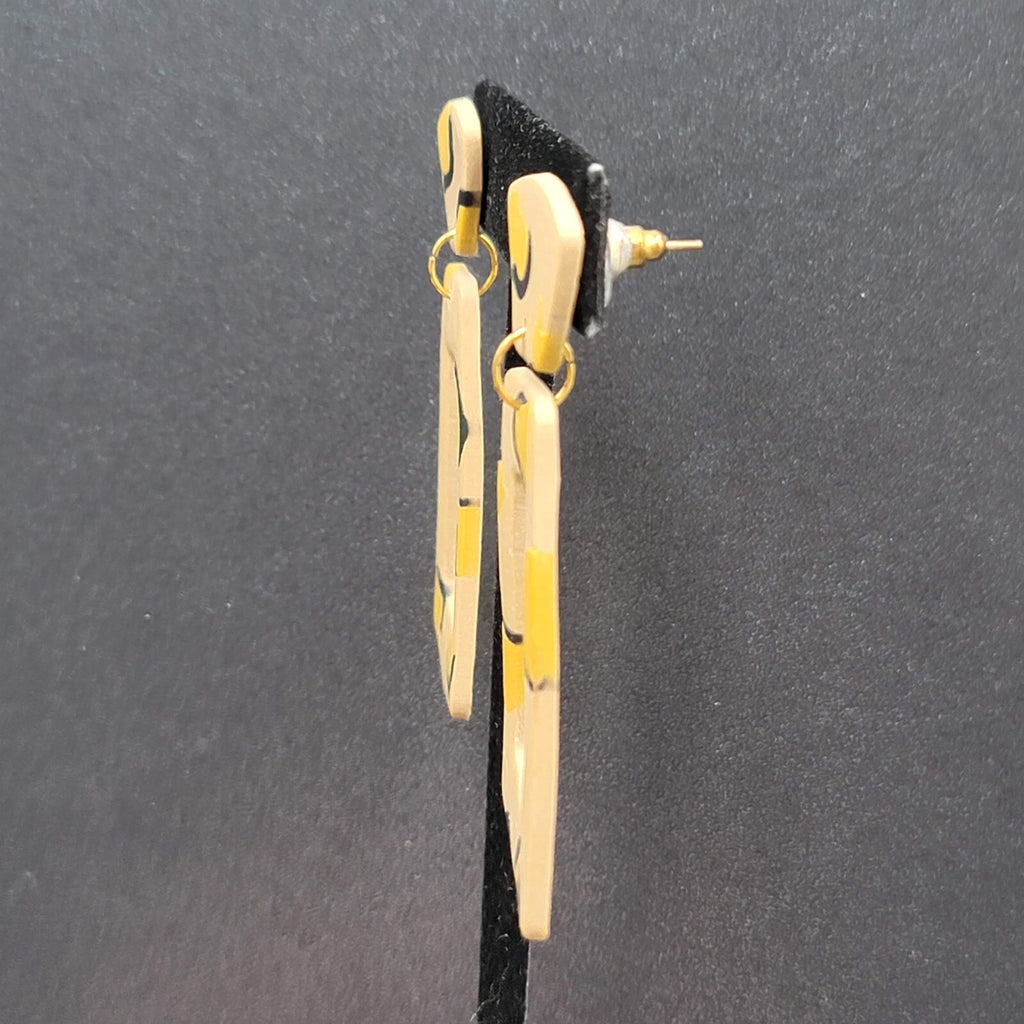 Pierced Earrings Beige Polymer Clay Yellow Black Statement Dangle 2 3/8"