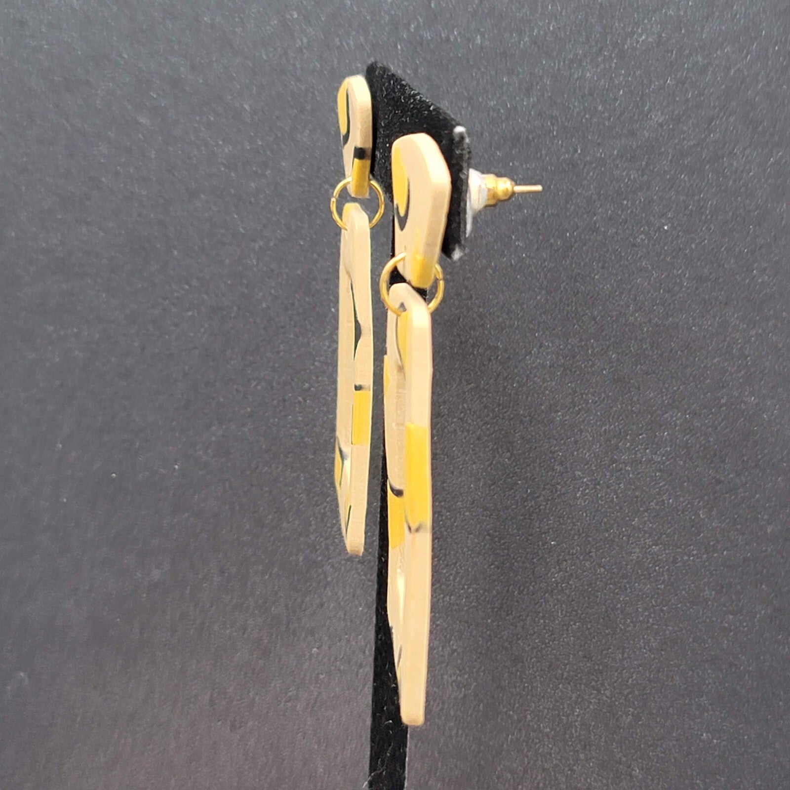 Pierced Earrings Beige Polymer Clay Yellow Black Statement Dangle 2 3/8"