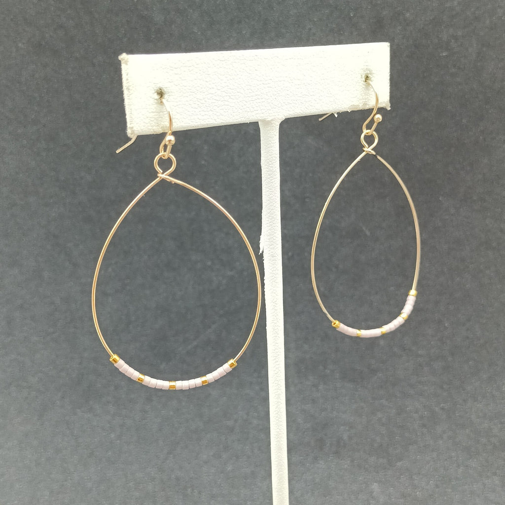 Pierced Earrings Gold tone Teardrop Wire Loop Lavender Seed Bead Dangle 1 3/4"