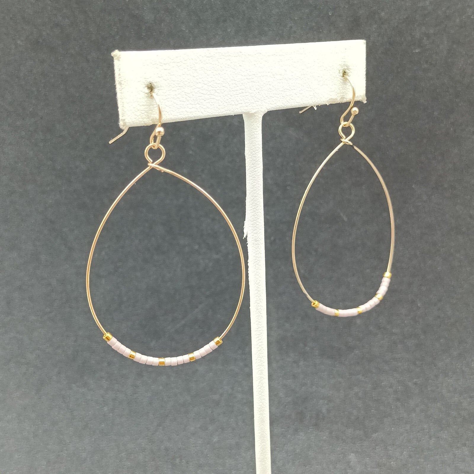 Pierced Earrings Gold tone Teardrop Wire Loop Lavender Seed Bead Dangle 1 3/4"