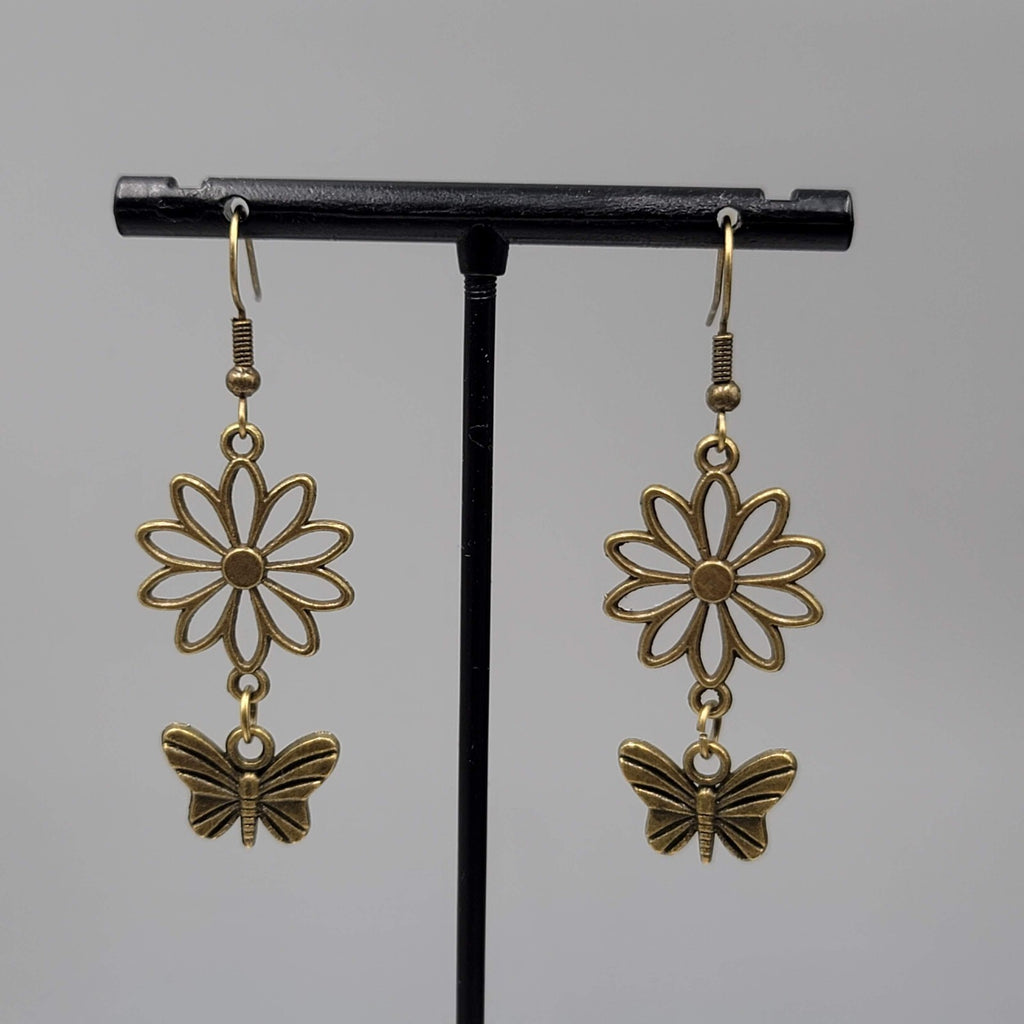 Butterly Flower Pierced Earrings Bronze tone Dangle NEW 1.5"