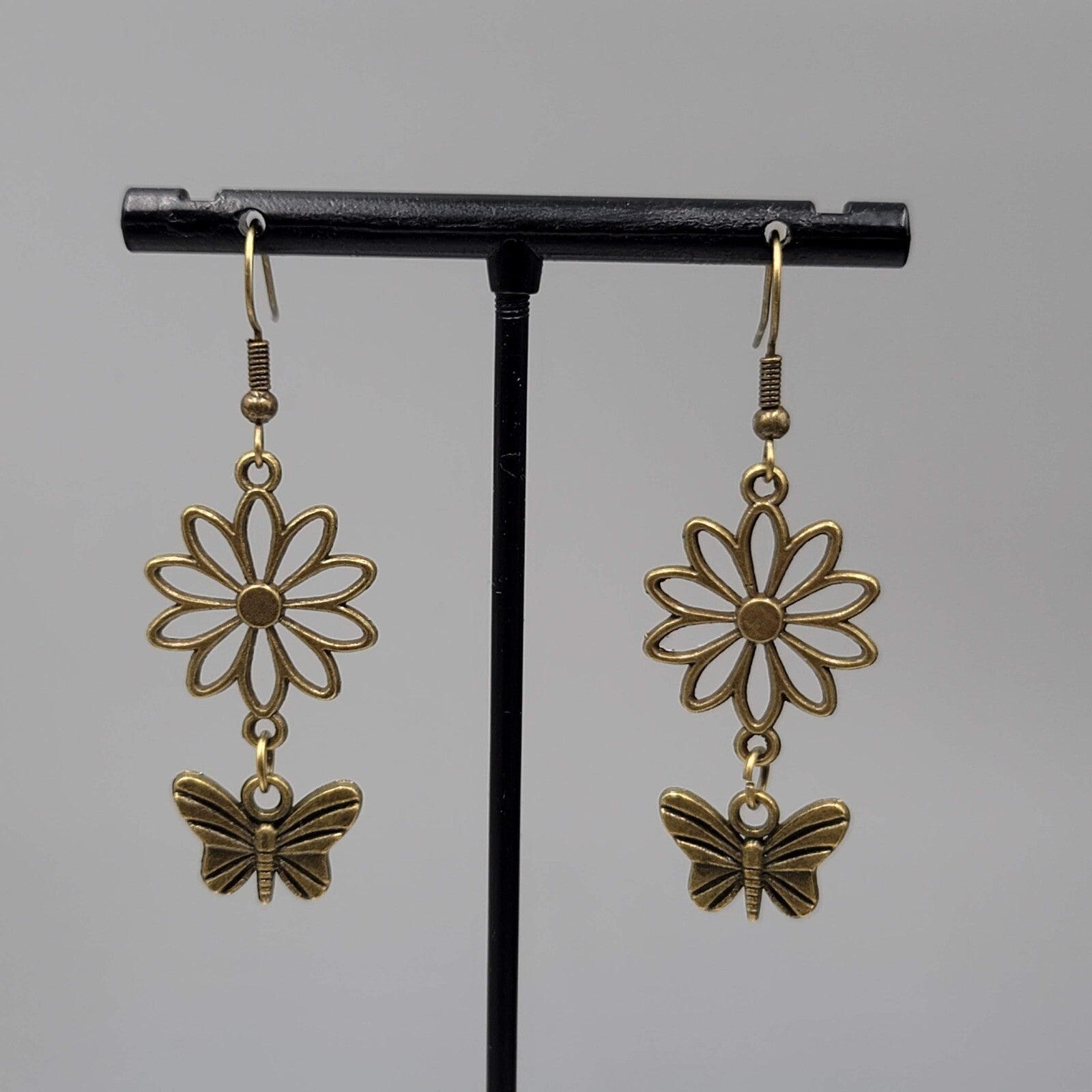 Butterly Flower Pierced Earrings Bronze tone Dangle NEW 1.5"