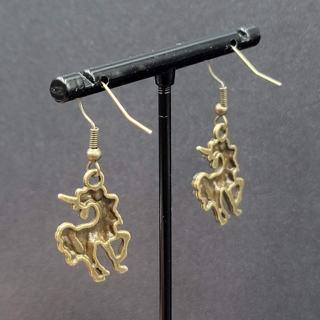 Unicorn Pierced Earrings Bronze tone Dangle 7/8" NEW