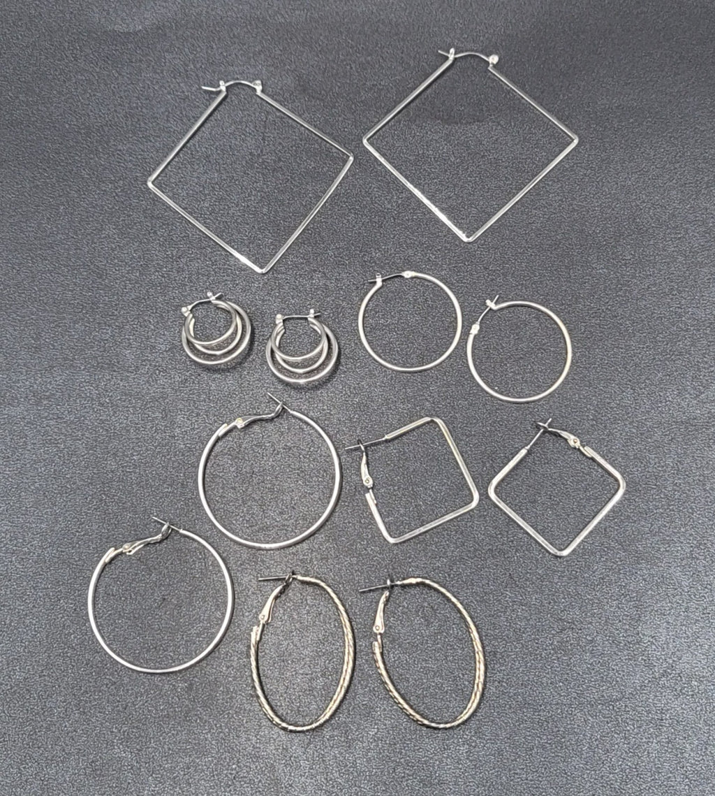 Lot of 6 Pierced Earrings Silver tone Hoops Dangle Square Oval Round