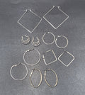 Lot of 6 Pierced Earrings Silver tone Hoops Dangle Square Oval Round