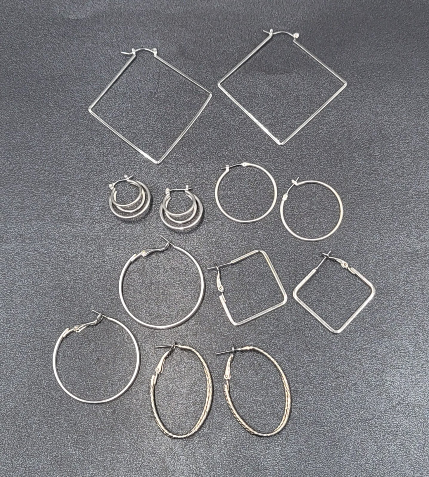 Lot of 6 Pierced Earrings Silver tone Hoops Dangle Square Oval Round