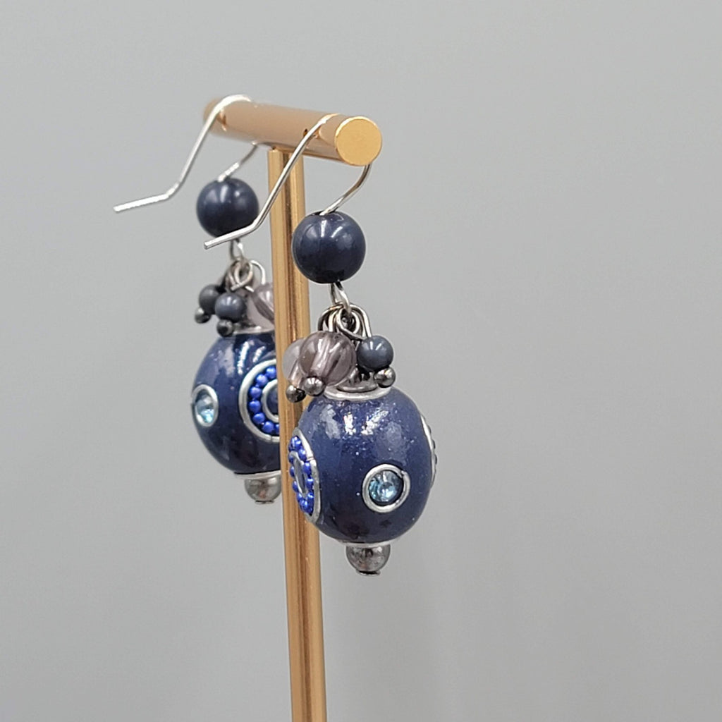 Blue Bead Pierced Earrings Crystal Silver tone Dangle 1.25 in