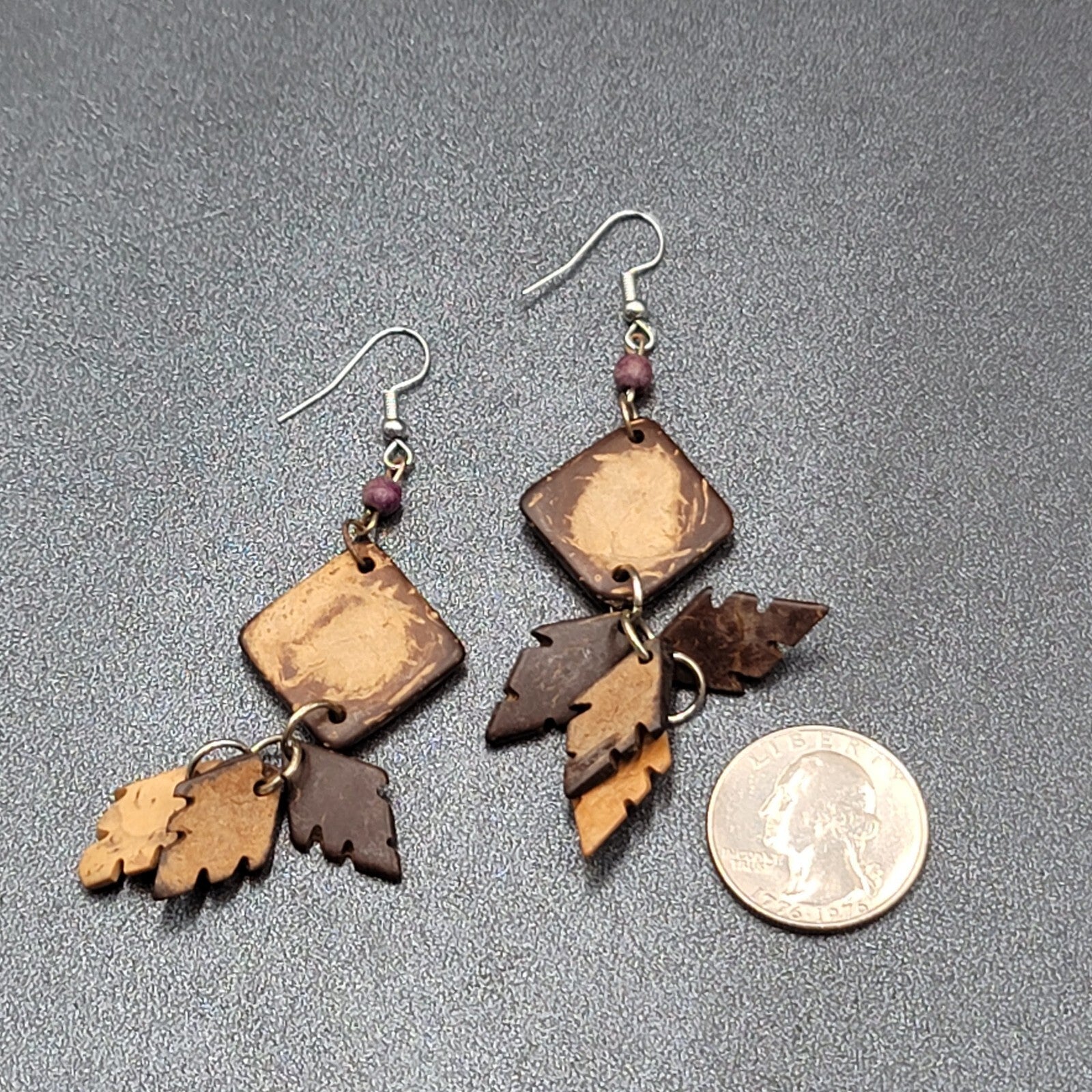 Vintage Coir Coconut Shell Pierced Earrings Multicolor Beach Scene Dangle 2.5"