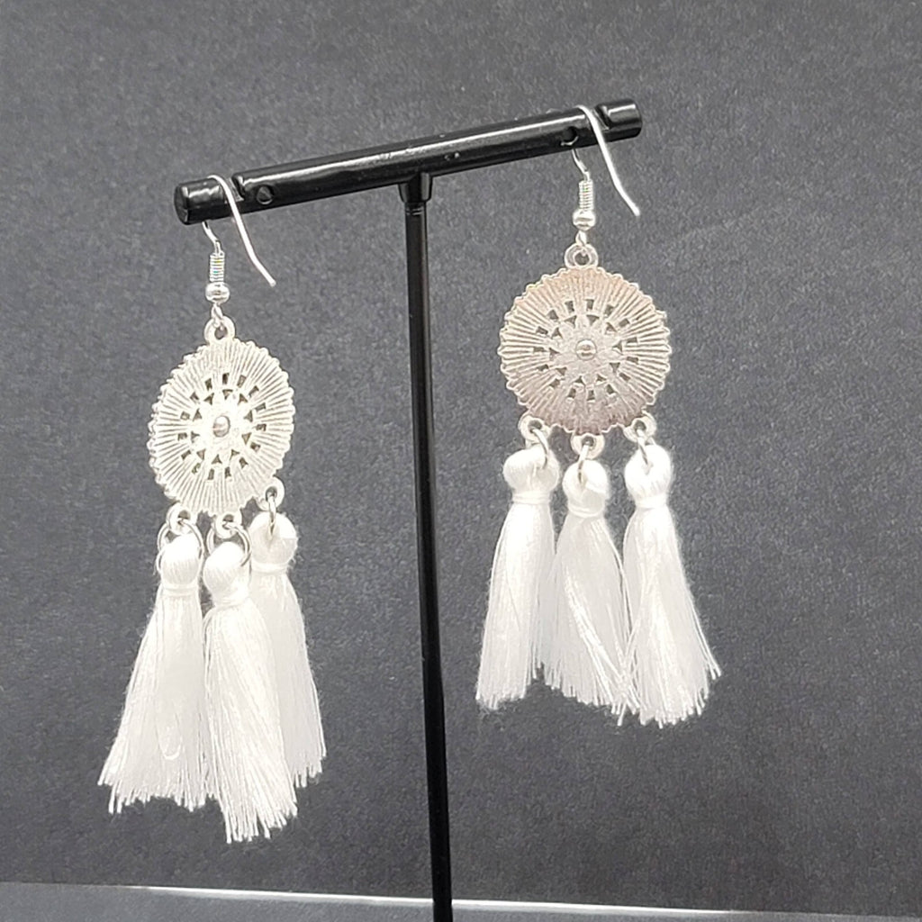 Pierced Earrings Silver tone Enamel Medallion Round Dangle White Tassel 2.5"