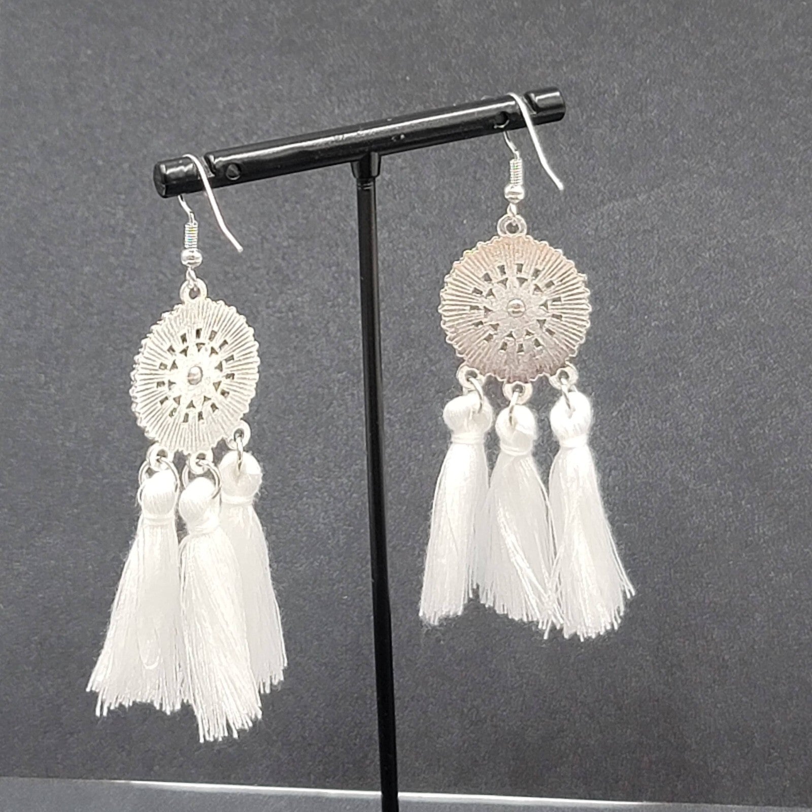 Pierced Earrings Silver tone Enamel Medallion Round Dangle White Tassel 2.5"