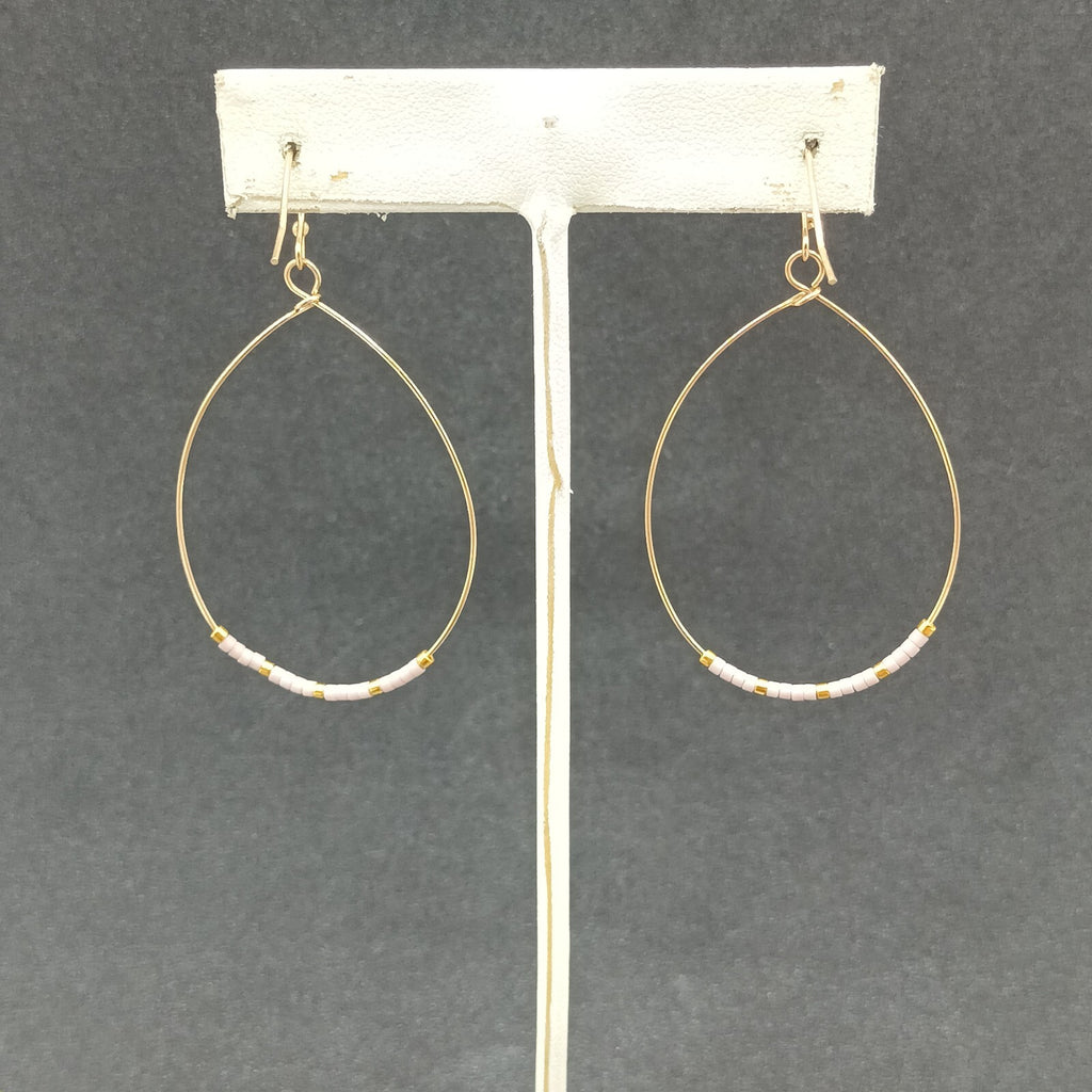 Pierced Earrings Gold tone Teardrop Wire Loop Lavender Seed Bead Dangle 1 3/4"